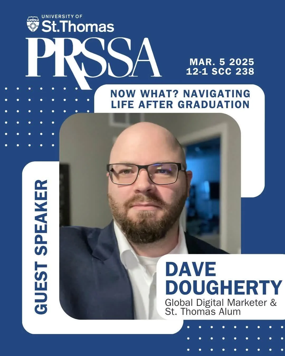 I'm excited to be back at the University of St. Thomas to speak with the PRSSA group! Join me this Thursday, March 5th, at 12 pm in SCC 238 for some snacks, career insight, and a Q&amp;A session.

I'll be offering my perspective on navigating a chall