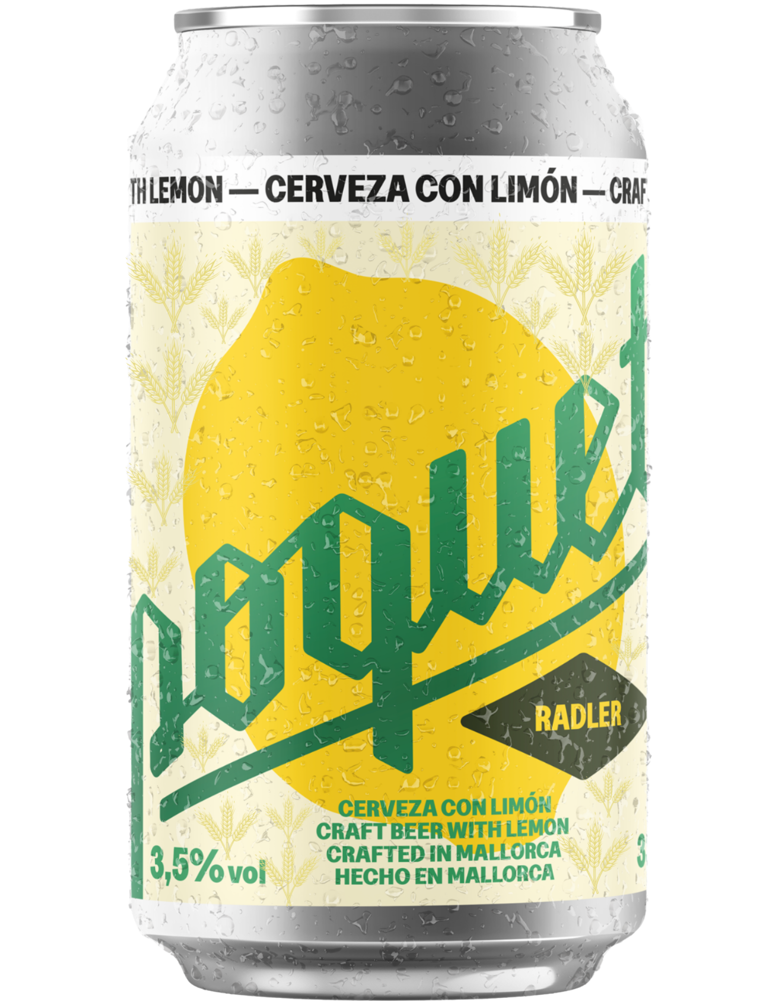 A can of craft beer with lemon flavor, featuring a yellow lemon graphic and green geometric design, condensation droplets on the surface, and labels in Spanish and English indicating 3.5% alcohol by volume, crafted in Mallorca, Spain.