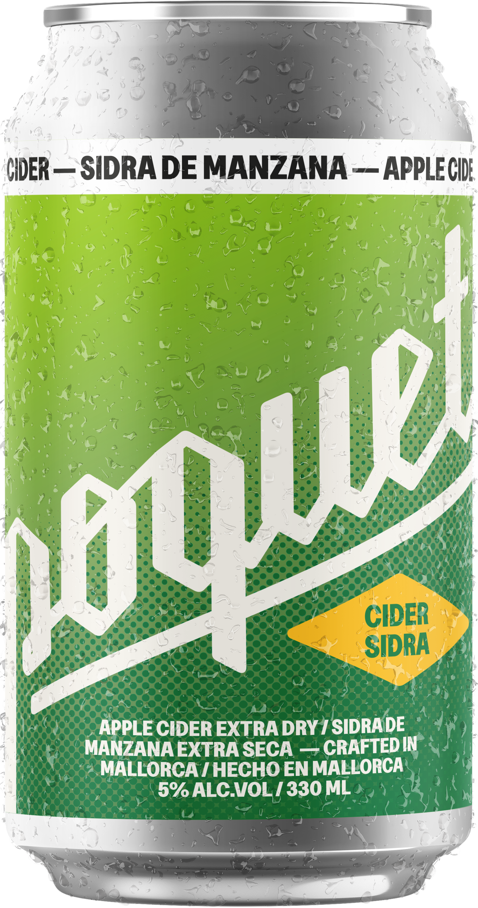 Can with a green and white label reading "Apple Cider Extra Dry" and "Crafted in Mallorca" with water droplets on the surface.