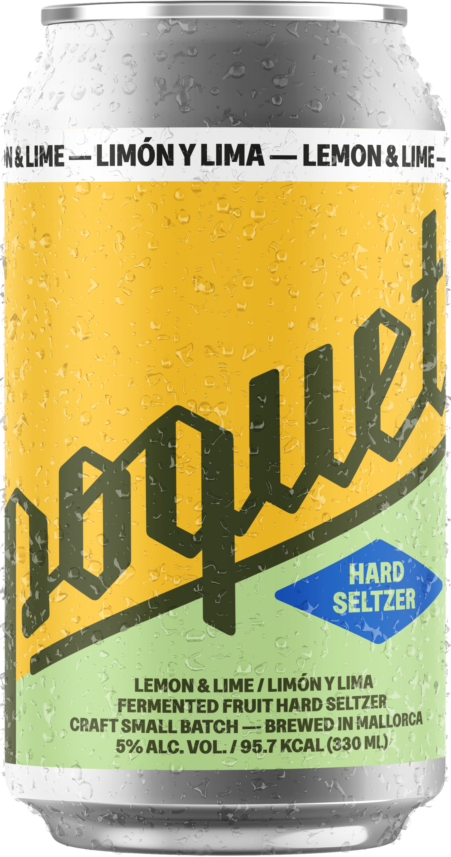 A can of Lemon & Lime flavored fermented fruit hard seltzer with condensation, featuring a yellow and green label with black text and a graph design. The label states it is brewed in Mallorca, has 5% alcohol, and contains 330 ml.