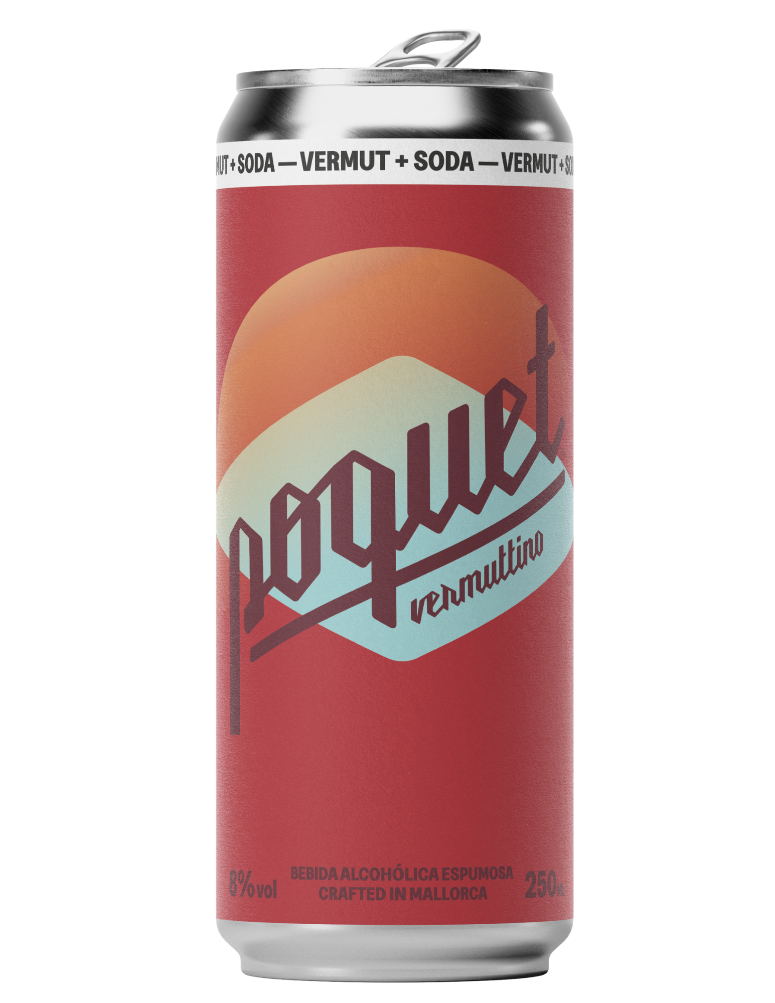 A can of alcoholic sparkling beverage with a red label featuring a sunset and mountain graphic, marked with the words 'Vermut + Soda,' and details including 8% alcohol by volume, 250 milliliters, and brewed in Mallorca.