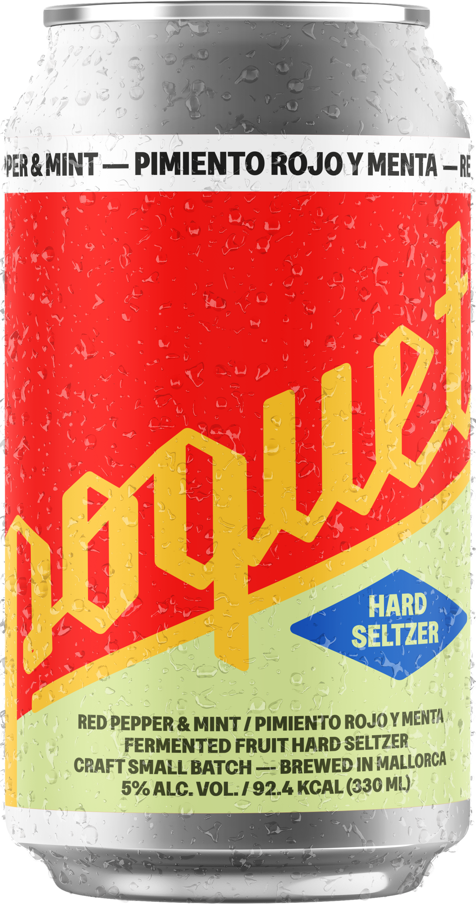 Can of hard seltzer with red pepper and mint flavor, water droplets on the surface, yellow and red graphic, blue label indicating 'Hard Seltzer', and Spanish and English text detailing flavor, ingredients, brewing location, alcohol content, and calories.