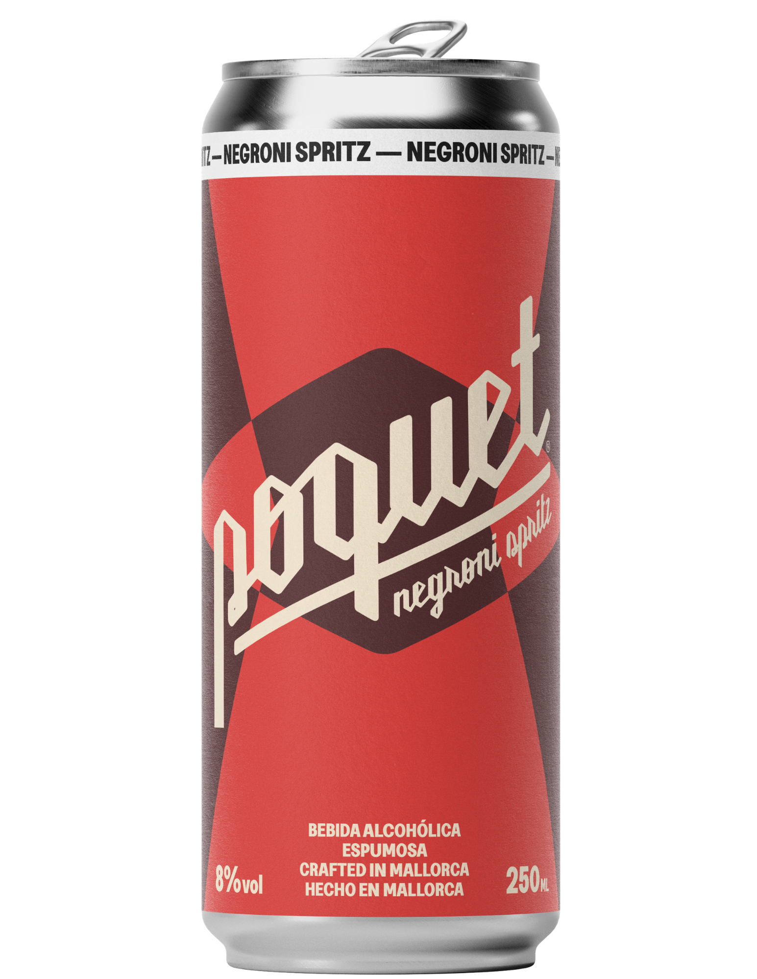 A can of non-alcoholic sparkling negroni cocktail with Spanish and English text indicating it is crafted in Mallorca, 8% alcohol by volume, and 250 ml size.