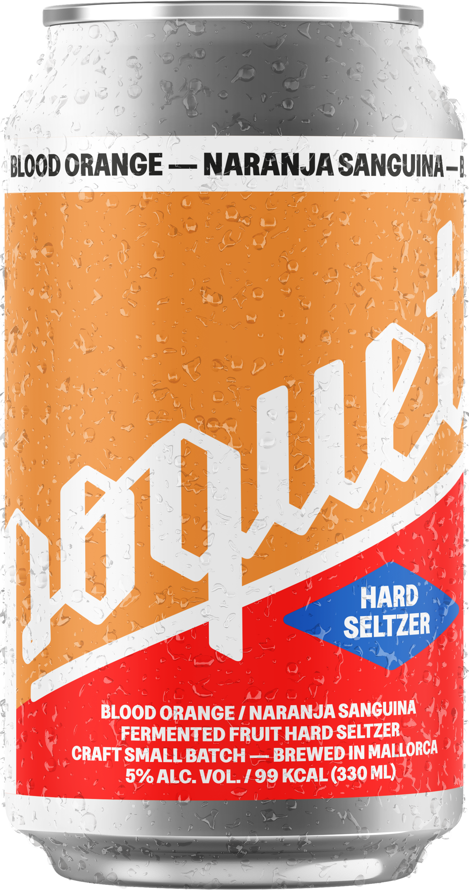 Canned fermented fruit hard seltzer beverage labeled Blood Orange, with bubbles and condensation on the can, indicating cold temperature.