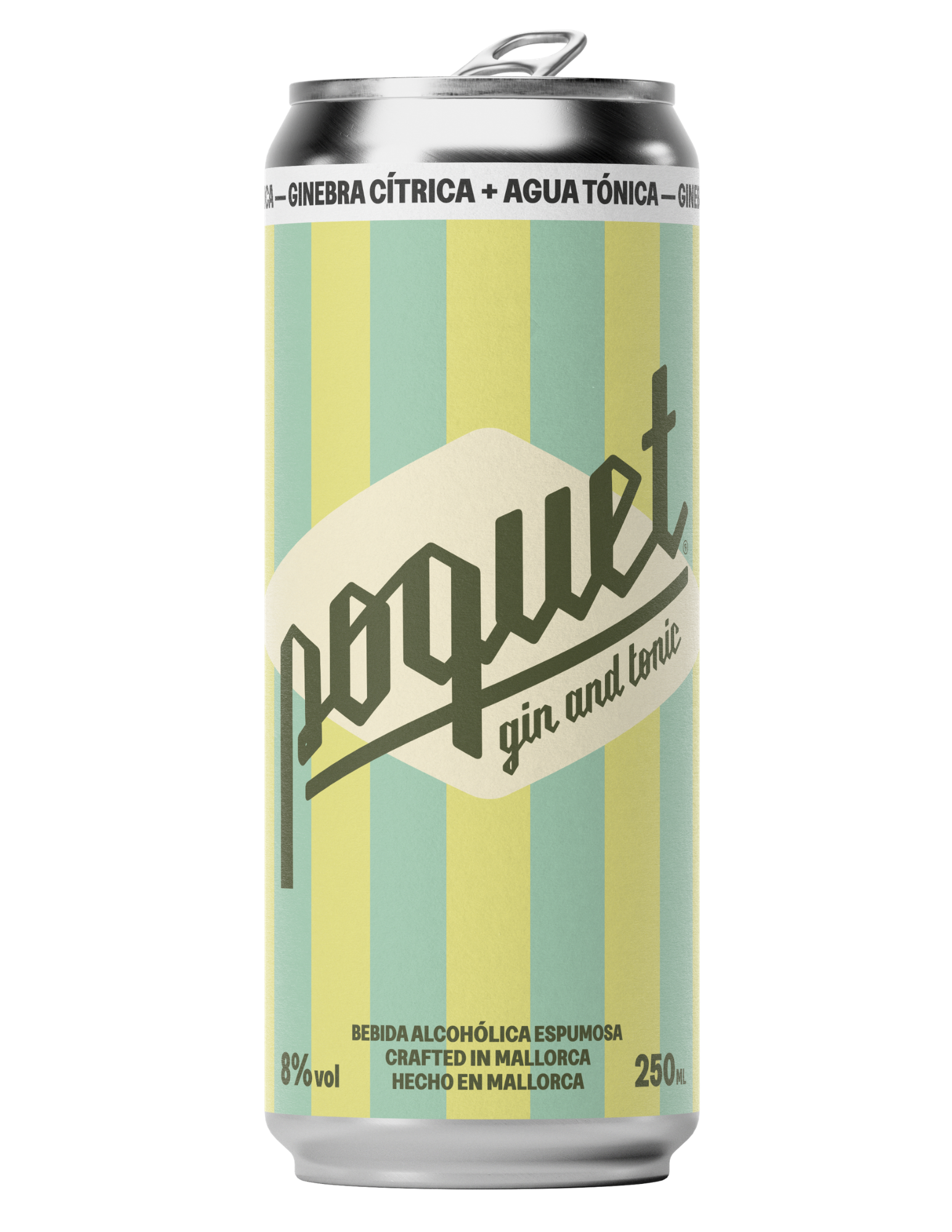 A can of alcoholic sparkling water with lemon flavor featuring a pastel-colored striped label and Spanish text indicating it is handcrafted in Mallorca with 8% alcohol by volume.