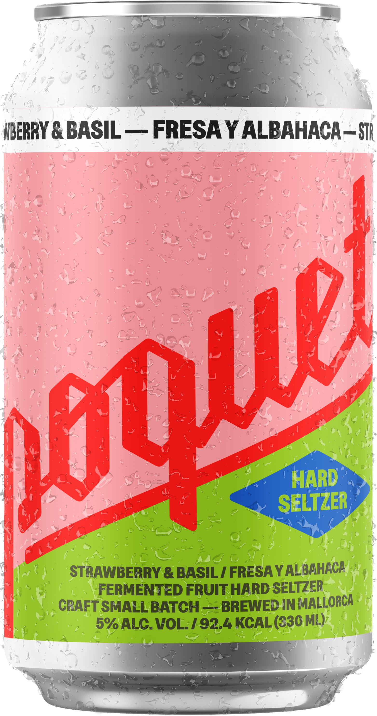 A can of strawberry basil flavored hard seltzer with water droplets, colorful label, and a graph design.