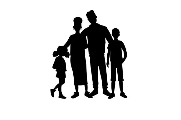 Silhouettes of a family of four standing together, with the parents and two children, one girl and one boy.