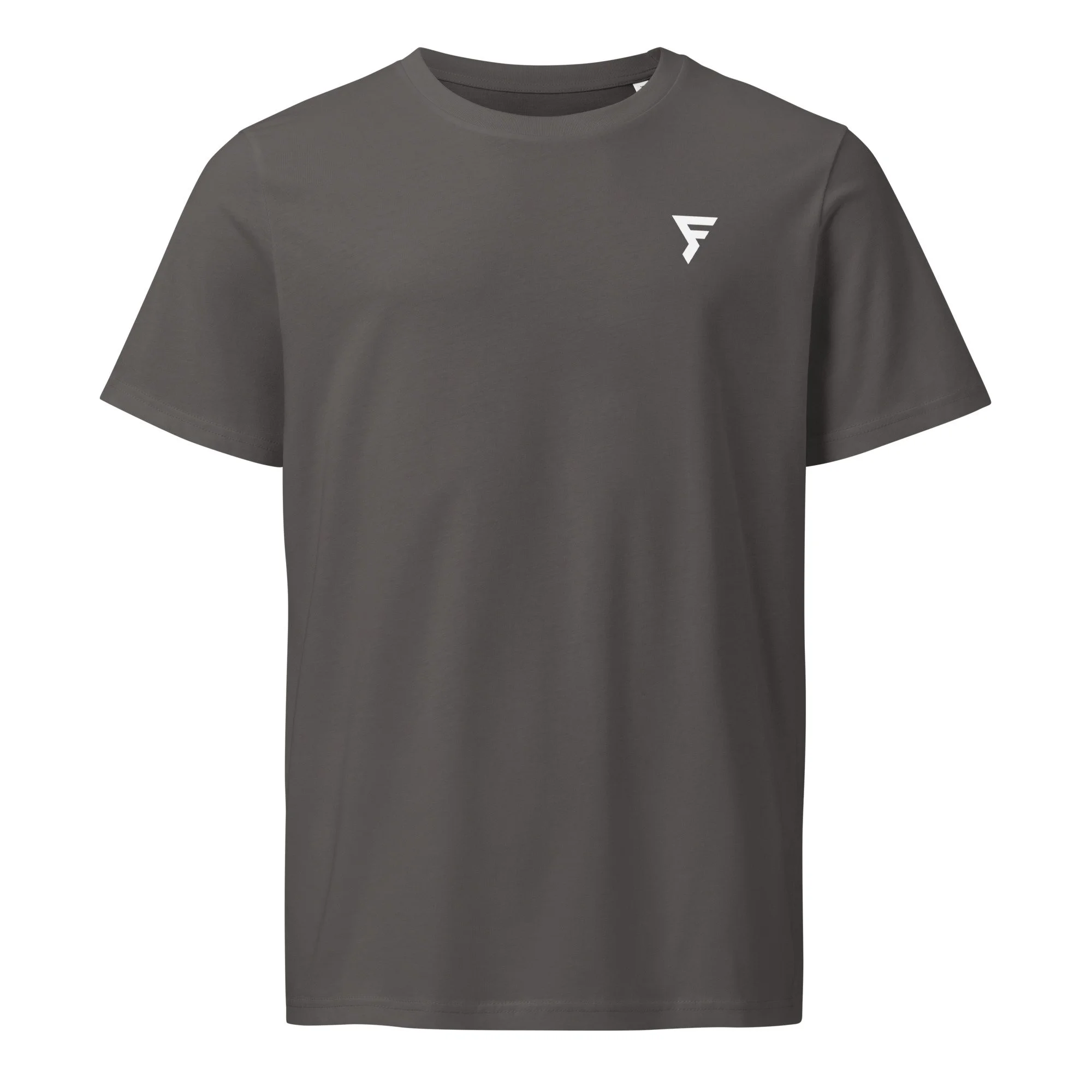 Gray crewneck t-shirt with a small white logo on the upper left chest area.