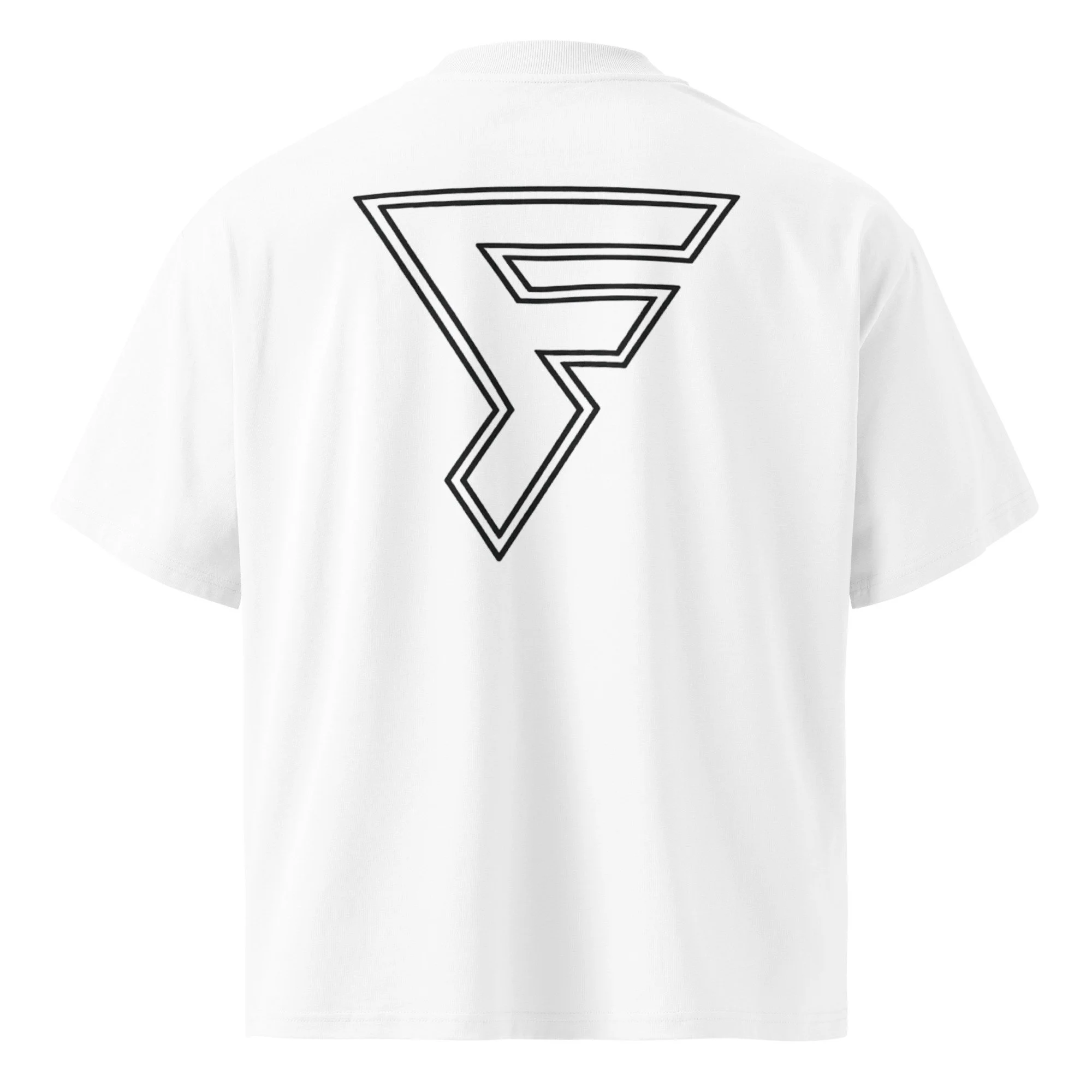 White t-shirt with a black outline geometric logo on the back.