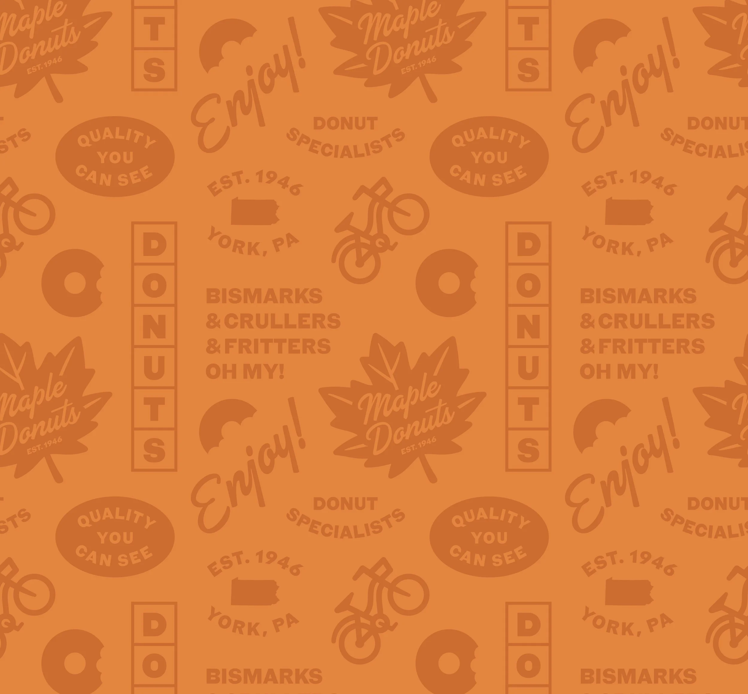 Maple Donuts brand icon pattern on orange