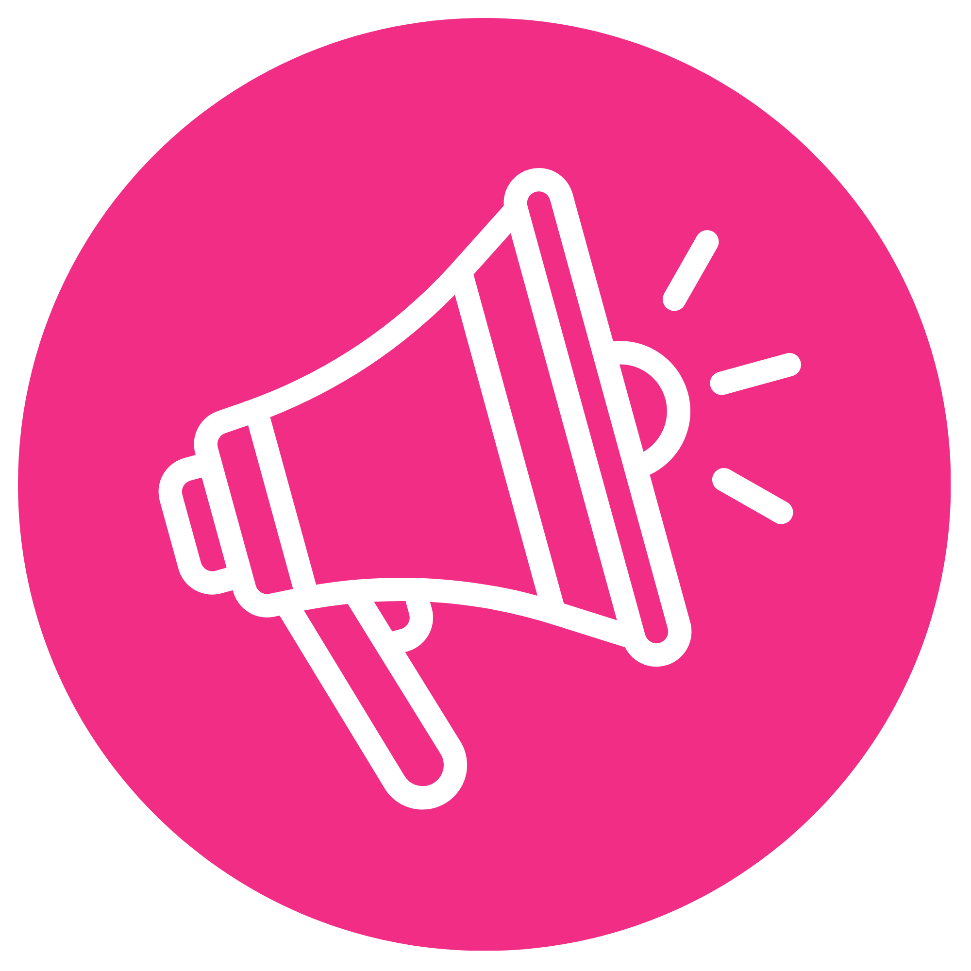 Pink circular badge with white outline of a megaphone emitting sound lines.