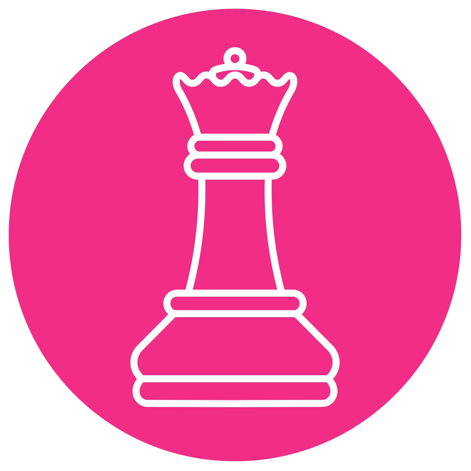 Outline drawing of a king chess piece on a pink circular background
