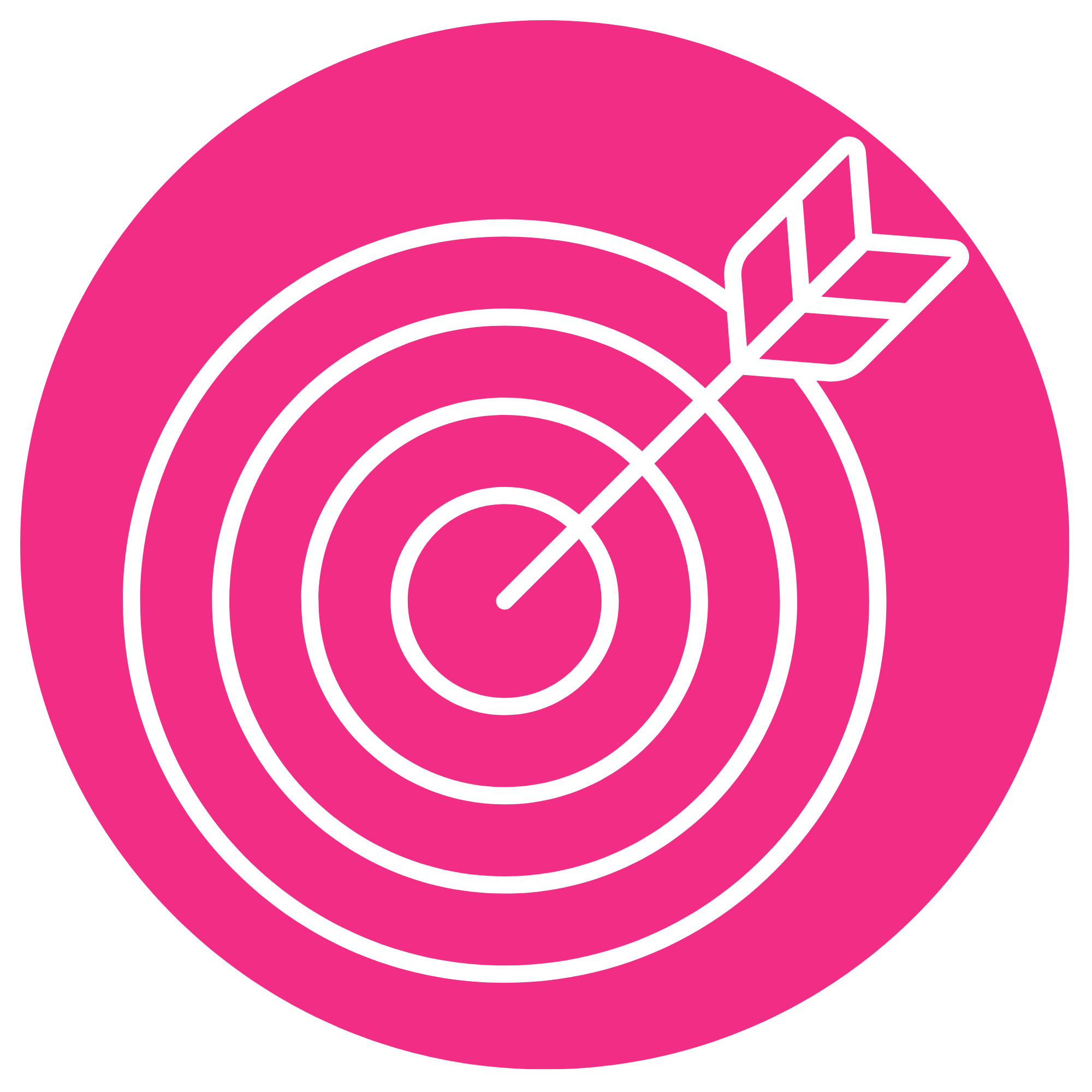 Pink target with concentric circles and a white arrow hitting the bullseye.