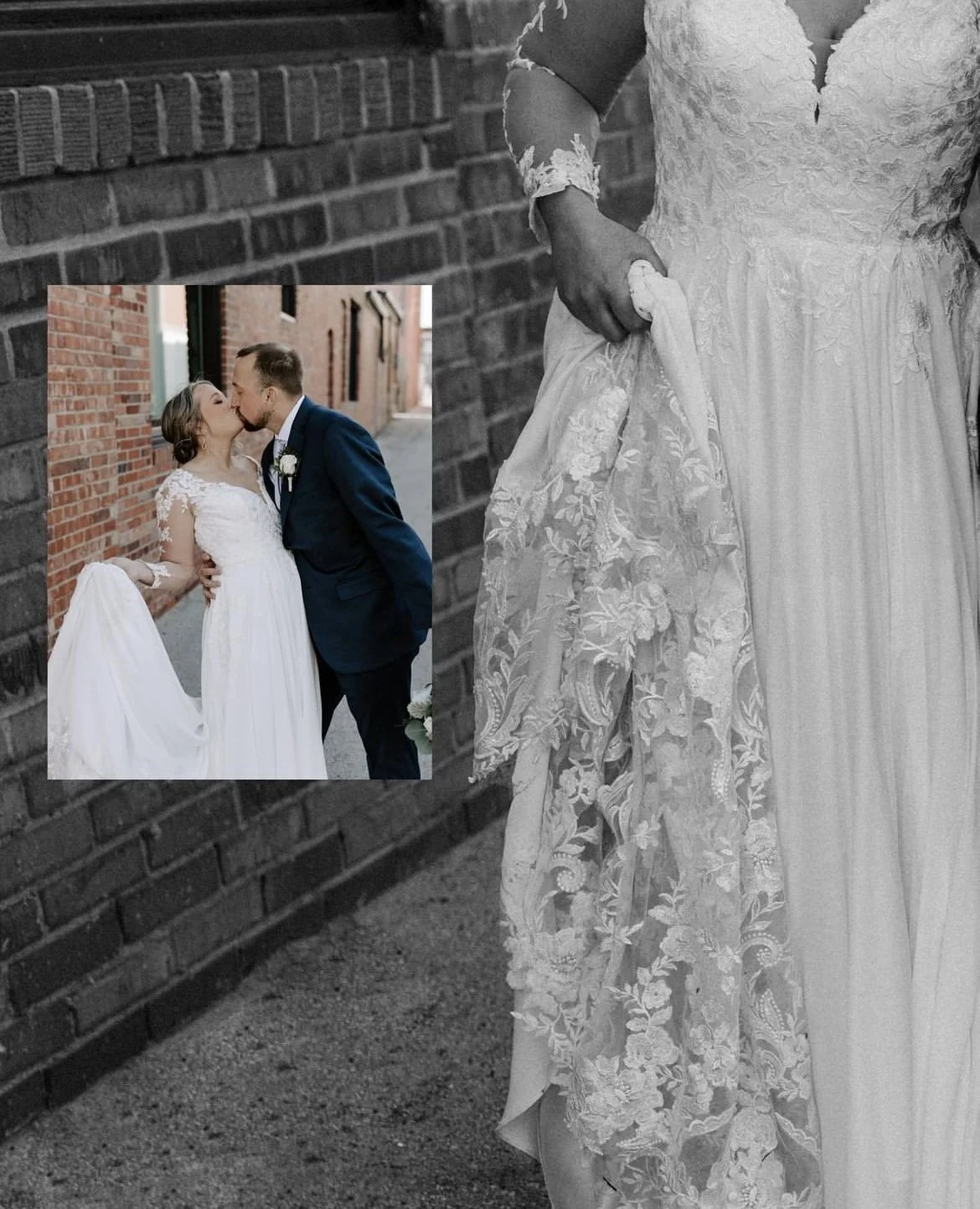 Close-up of a bride in a lace wedding dress holding the bottom of her skirt outside against a brick wall, with a smaller inset photo of a bride and groom kissing on a city street.