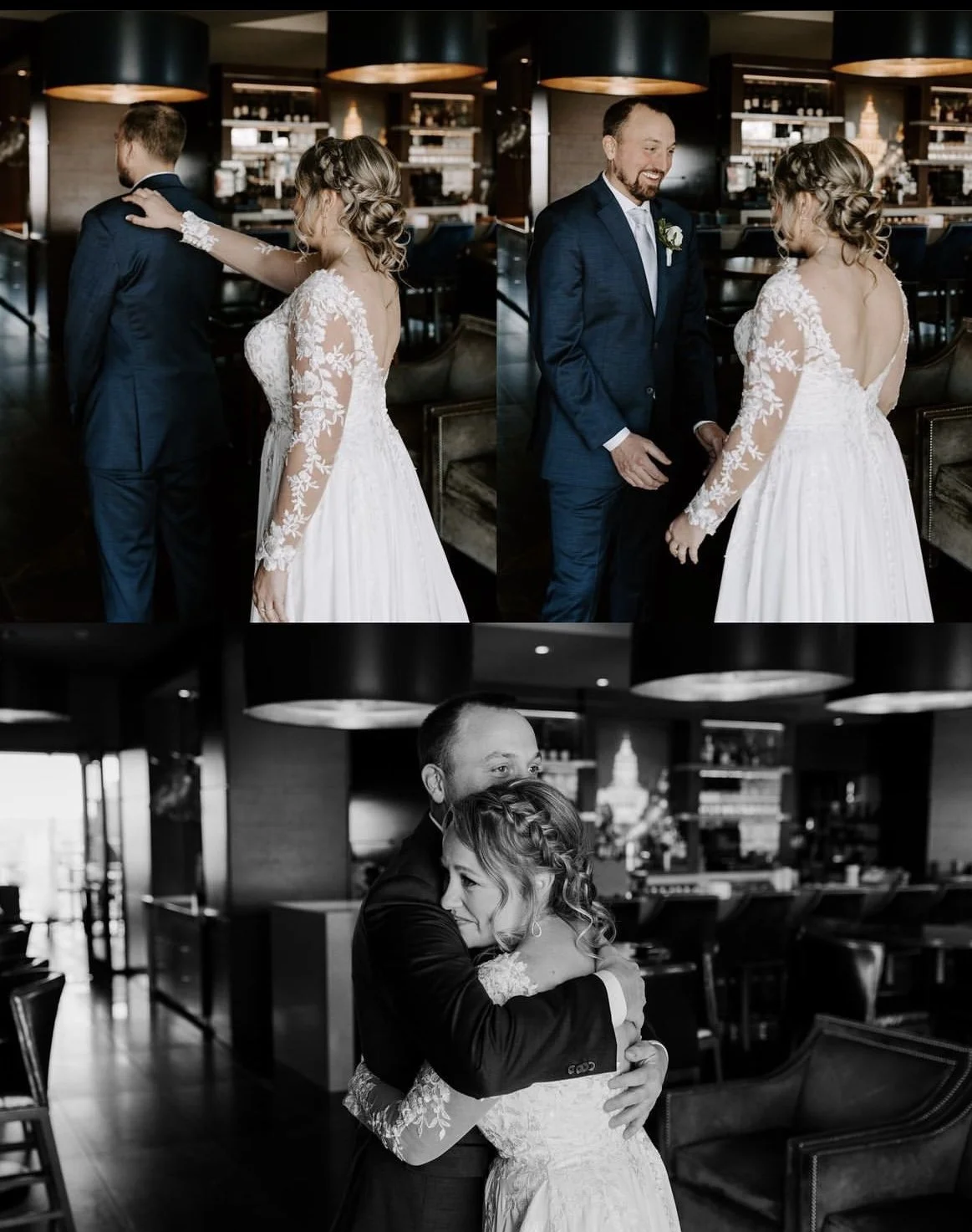 Wedding reception with bride and groom, bride in white lace dress and groom in navy suit, sharing emotional hugs and moments