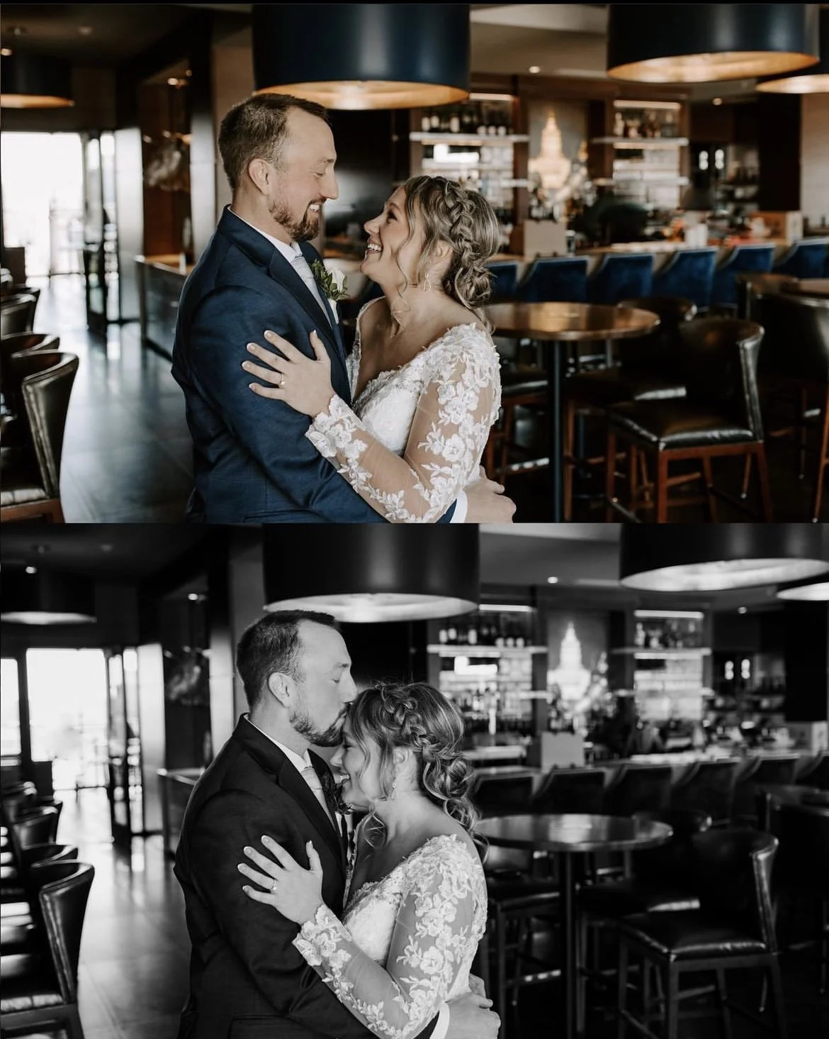 A wedding couple indoors, smiling and embracing; the top image is in color, the bottom in black and white.