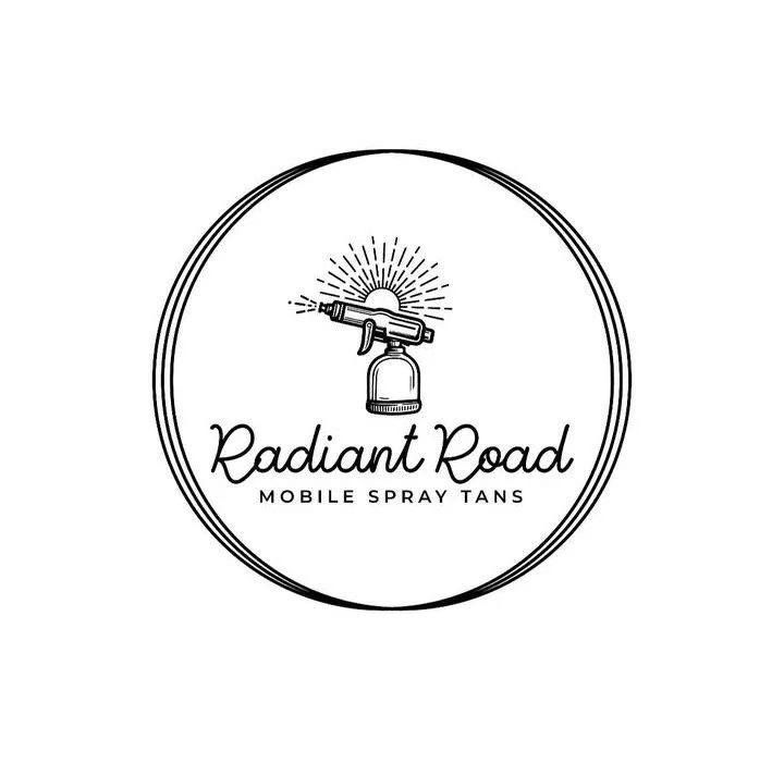 Logo for Radiant Road Mobile Spray Tans featuring a spray tan gun with sun rays behind it, enclosed in a circular border.