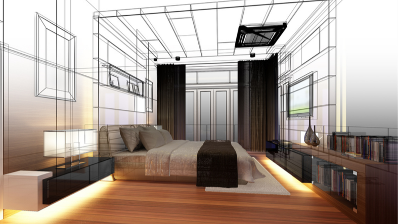 A bedroom with a bed, nightstands, a bookshelf, artwork, a window, and a window in a modern design, with an overlay of blueprint-style line drawings.