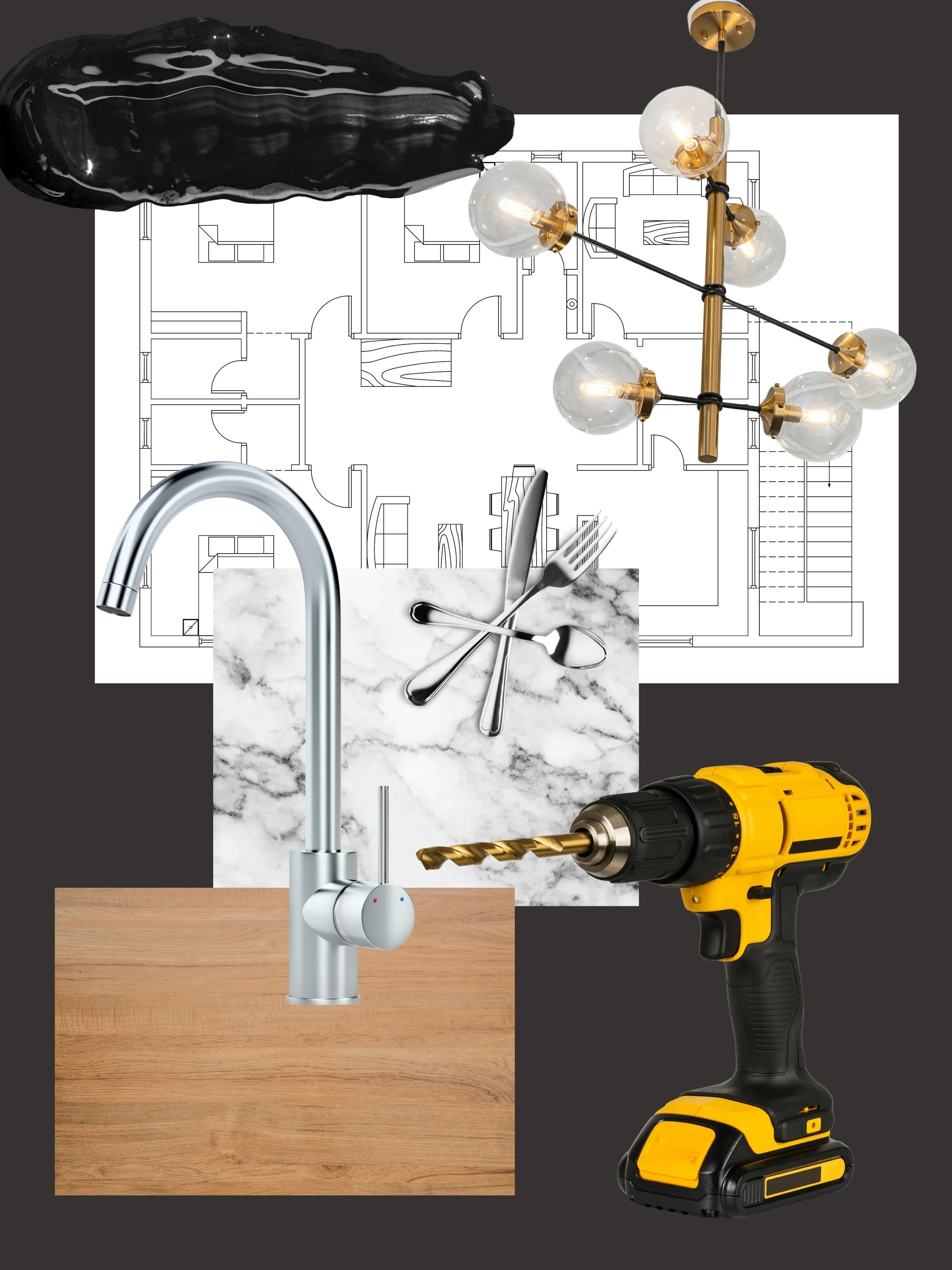 A collage of interior design and DIY materials, including a house floor plan, a modern chandelier, kitchen sink and faucet, marble tiles with cutlery, a black geode, and a yellow power drill.