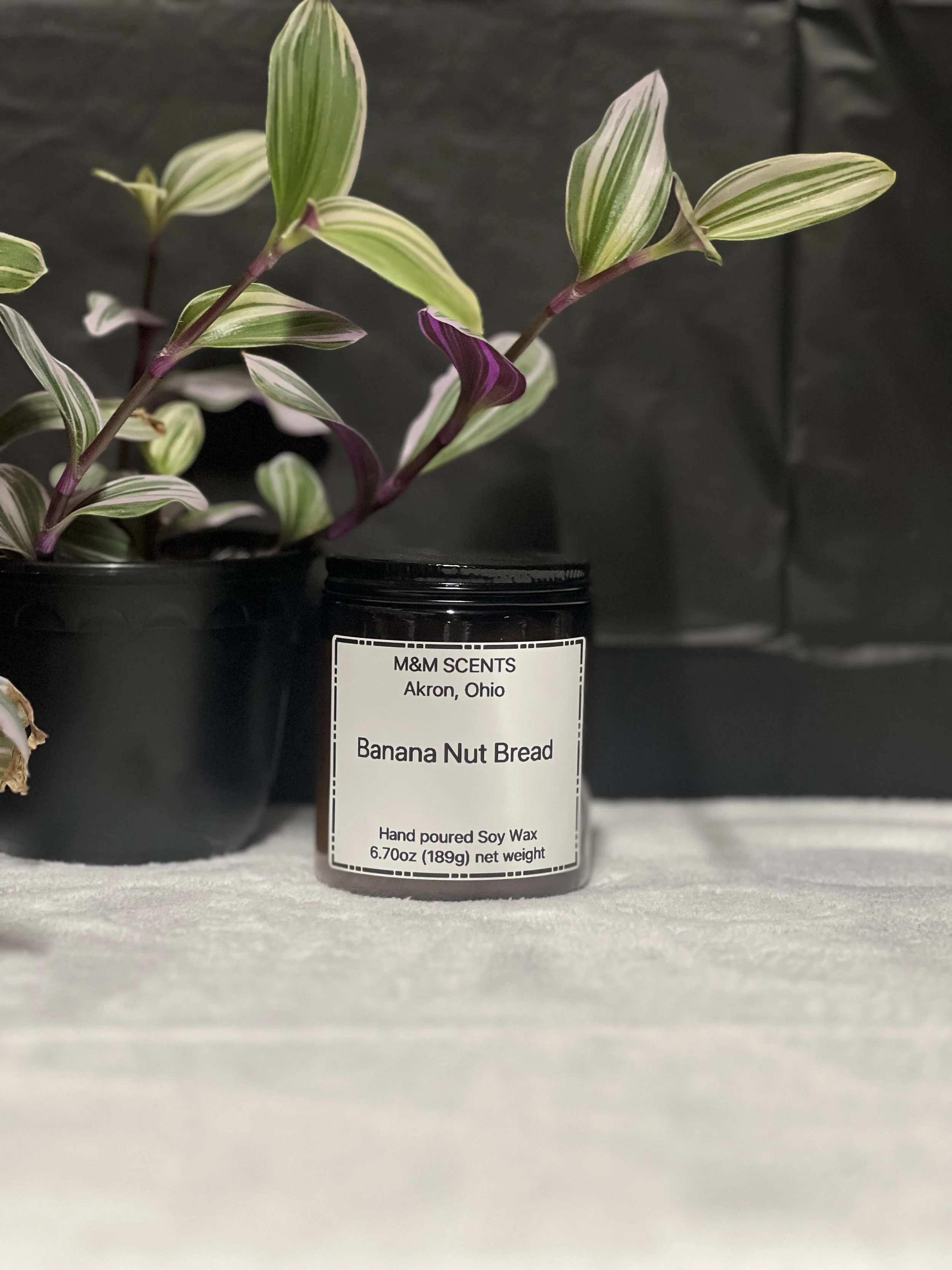 A black container of handmade soy wax with a white label reading 'Banana Nut Bread.' It is placed on a light-colored surface with a potted plant with variegated green and purple leaves behind it, against a dark background.