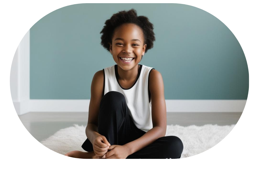 Smiling child sitting indoors on a rug in front of a blue wall.