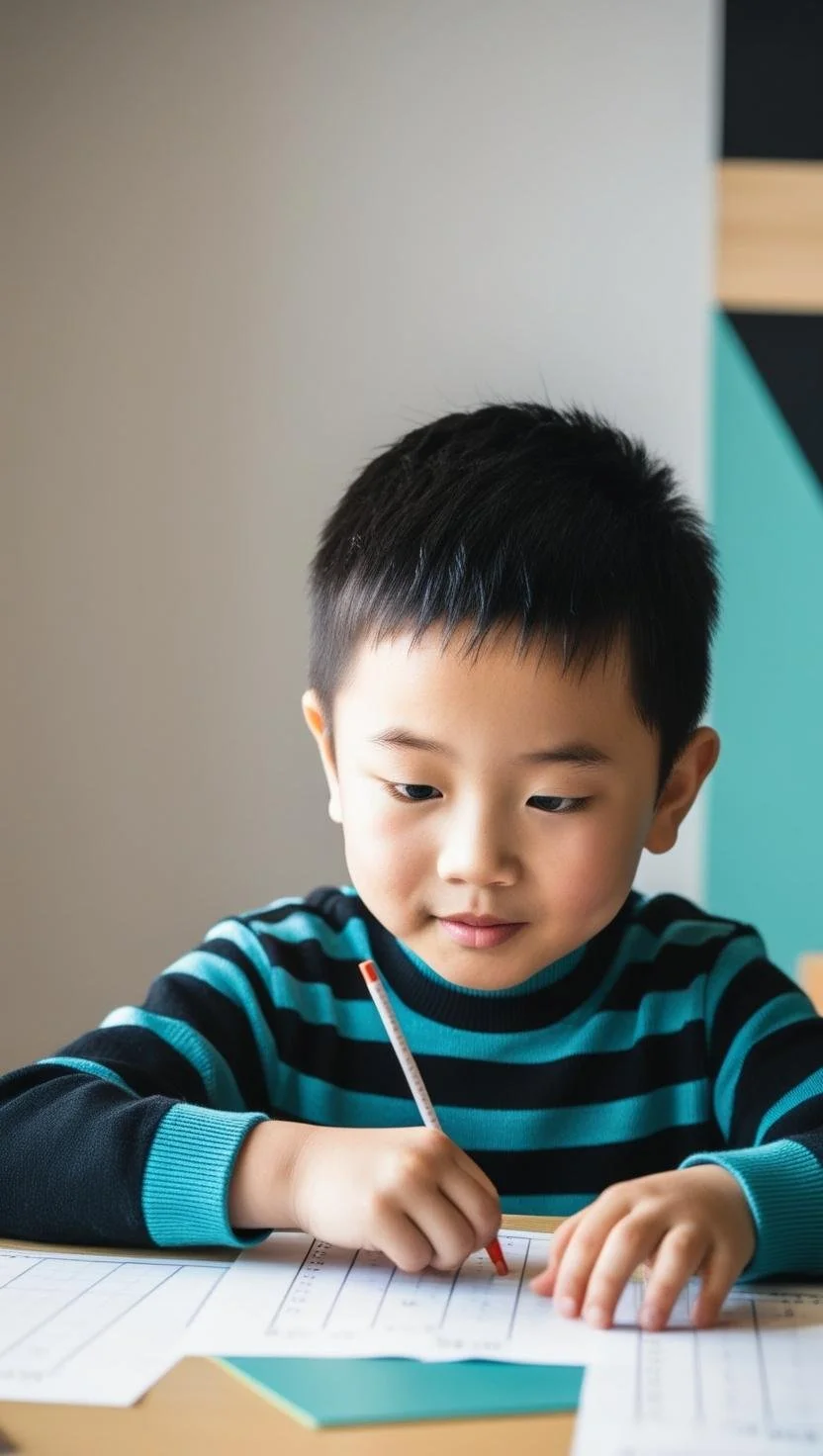 Young child in a striped sweater writing with a pencil on papers at a desk.