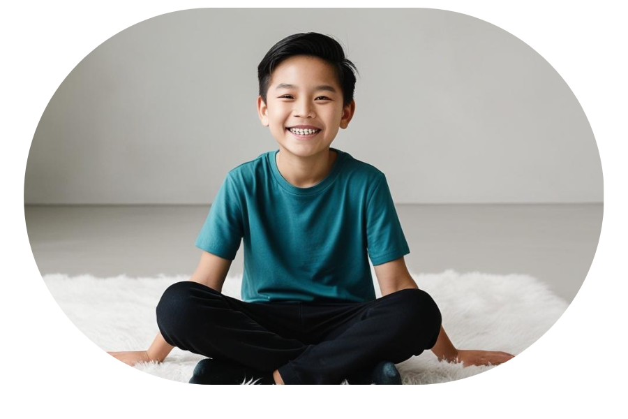 Smiling child sitting cross-legged on a white rug, wearing a teal shirt and black pants, against a plain background.