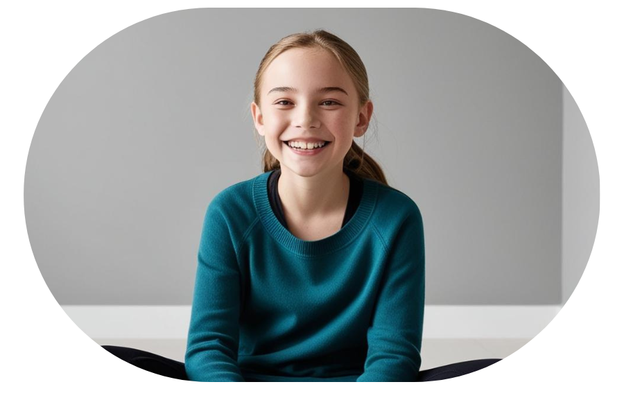 Smiling child in teal sweater sitting against gray background