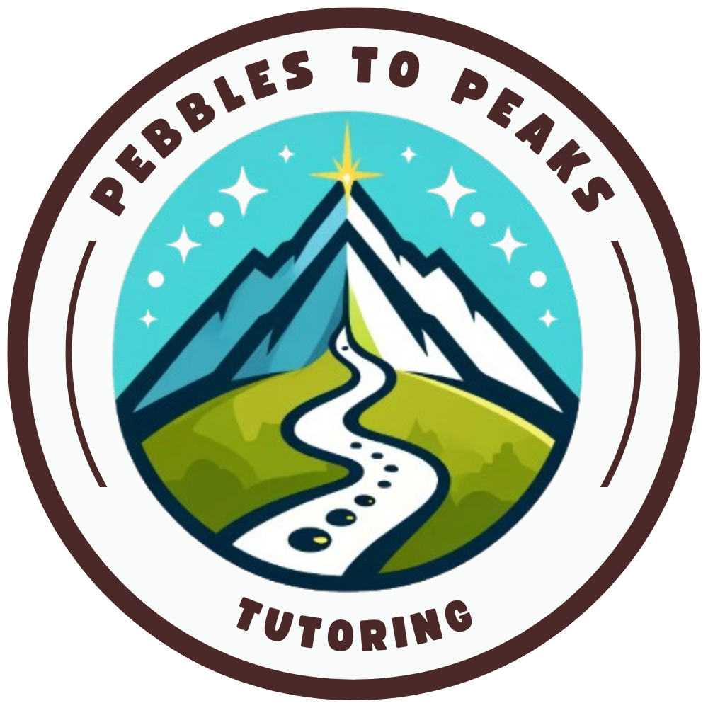Logo of Pebbles to Peaks Tutoring featuring a stylized mountain with a path leading to a star, surrounded by stars, and the business name on the border.