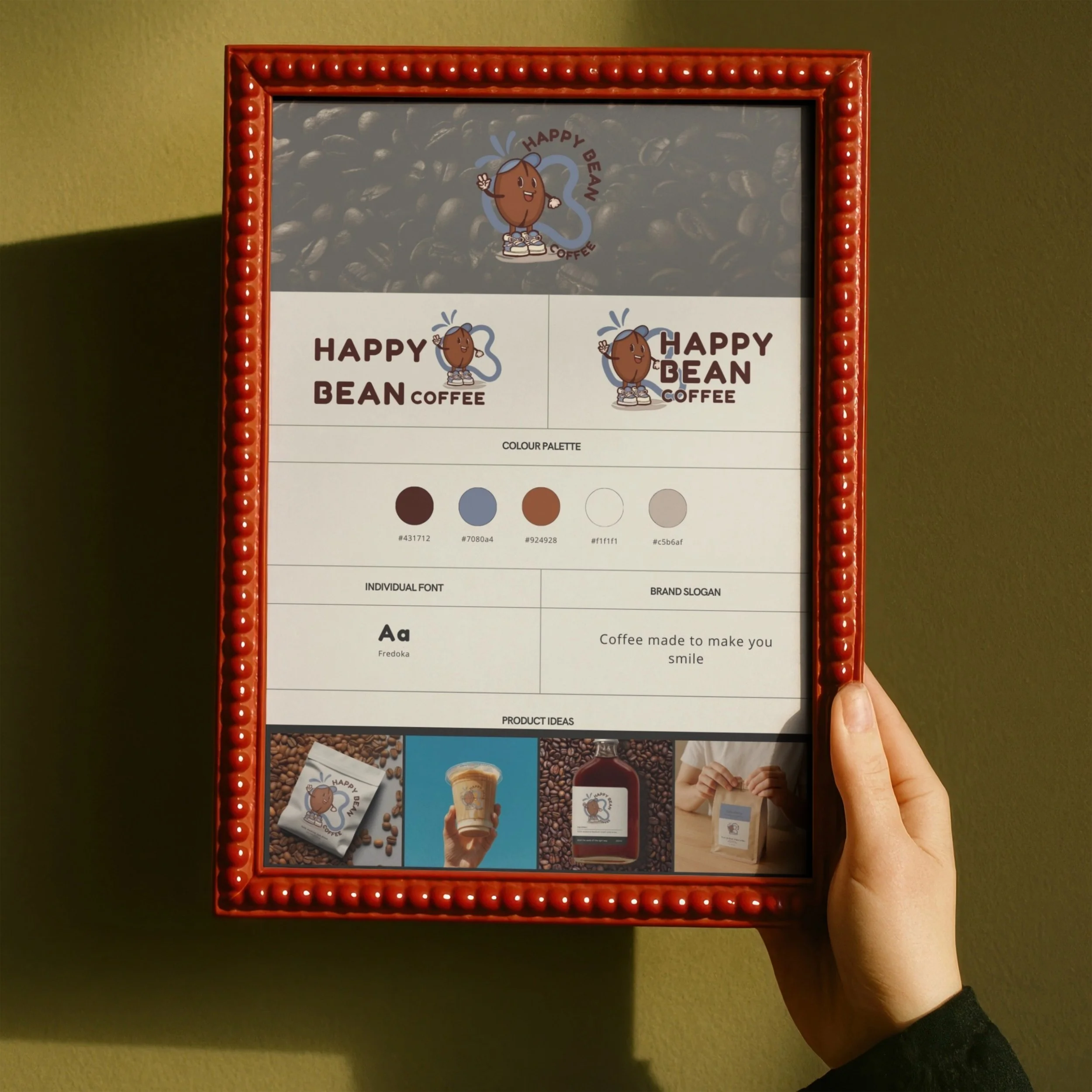 Framed poster for Happy Bean Coffee featuring logo, color palette, font, slogan, and product images.
