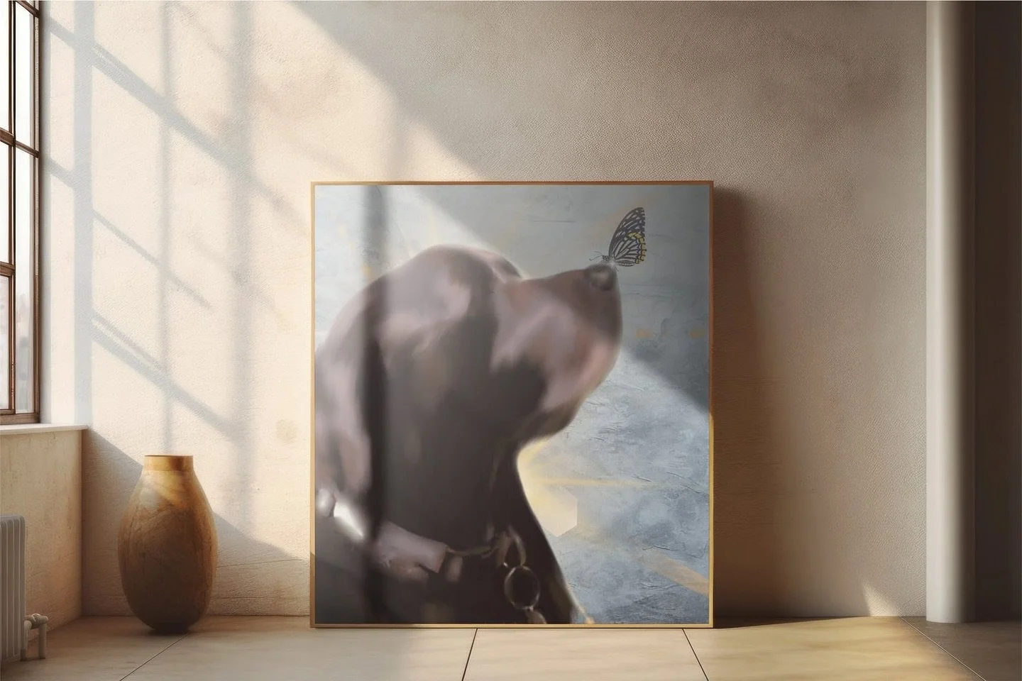 A Moment of Wonder &ndash; Digital Pet Portrait 🐾🦋 
Capturing the quiet magic between a loyal friend and a fleeting butterfly. Digitally illustrated with love and light. Perfect for pet lovers who want to immortalize their companions in art. 🎨✨#Di