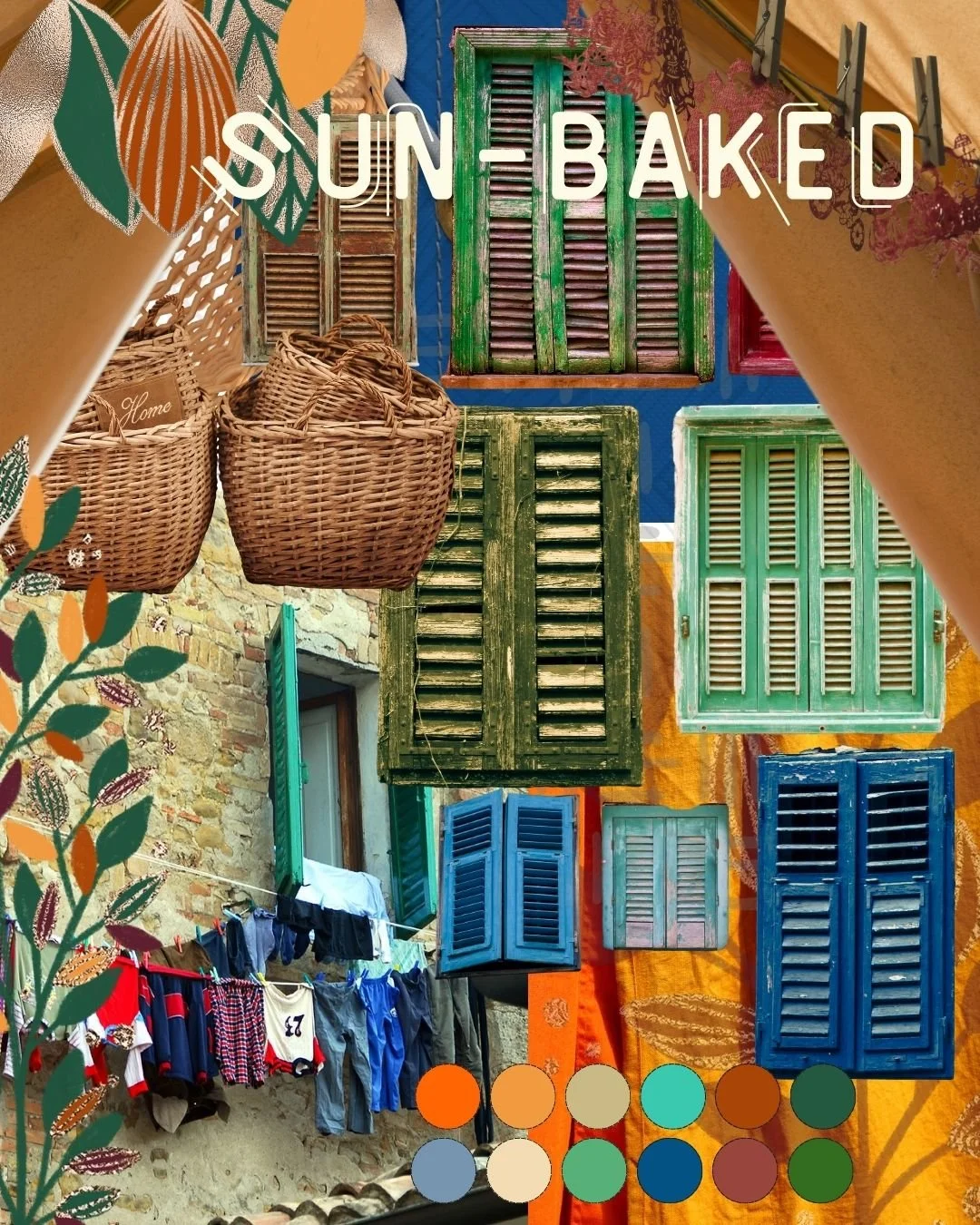☀️ Moodboard Monday: SUN-BAKED 🌿
Sunlight on stone walls, faded shutters, woven baskets, and laundry dancing in the breeze &mdash; this palette is inspired by slow Mediterranean days and rustic textures that feel kissed by the sun. 🌾🧺

Earthy oran