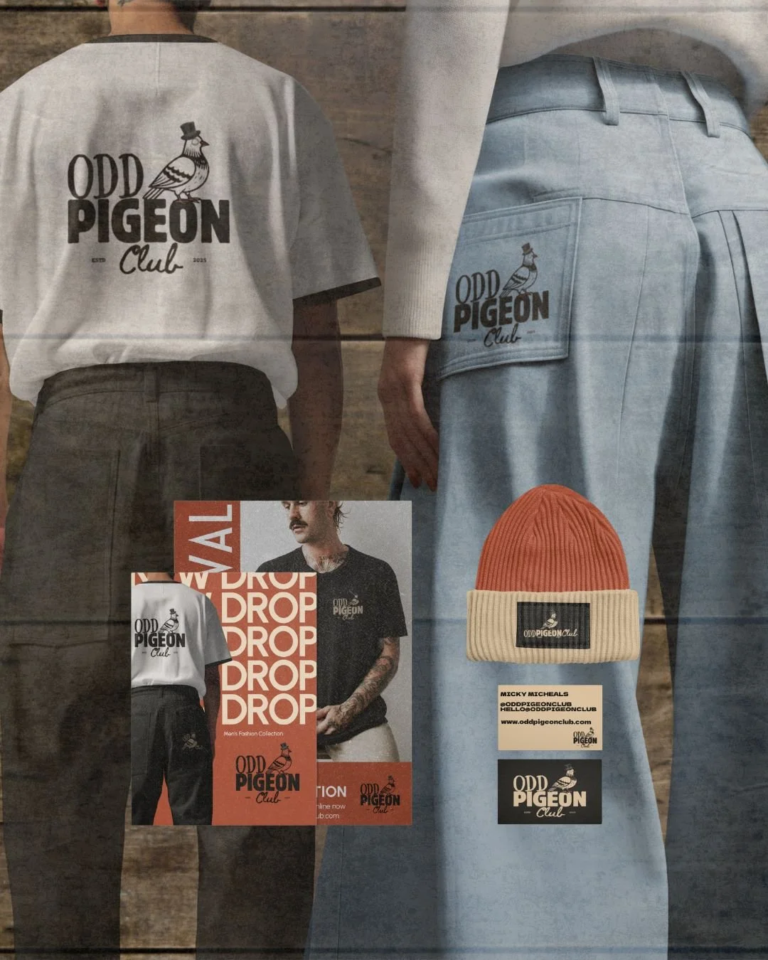 The Odd Pigeon Club &mdash; a streetwear concept celebrating the bold, the offbeat, and the unapologetically original.

From logo to label, every detail was designed to feel lived-in, a little rebellious, and proudly peculiar.

 Branding
 Apparel lab