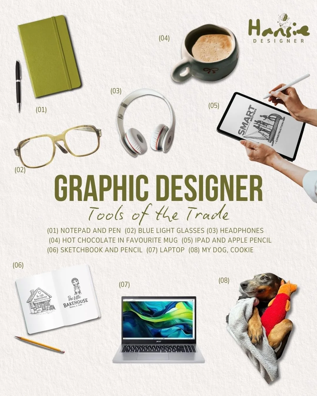 From sketches on paper to final digital designs ✏️
These are a few of my everyday graphic designer tools of the trade. The little things that help bring ideas to life.

A mix of creativity, comfort, and a bit of background music&hellip; plus studio a