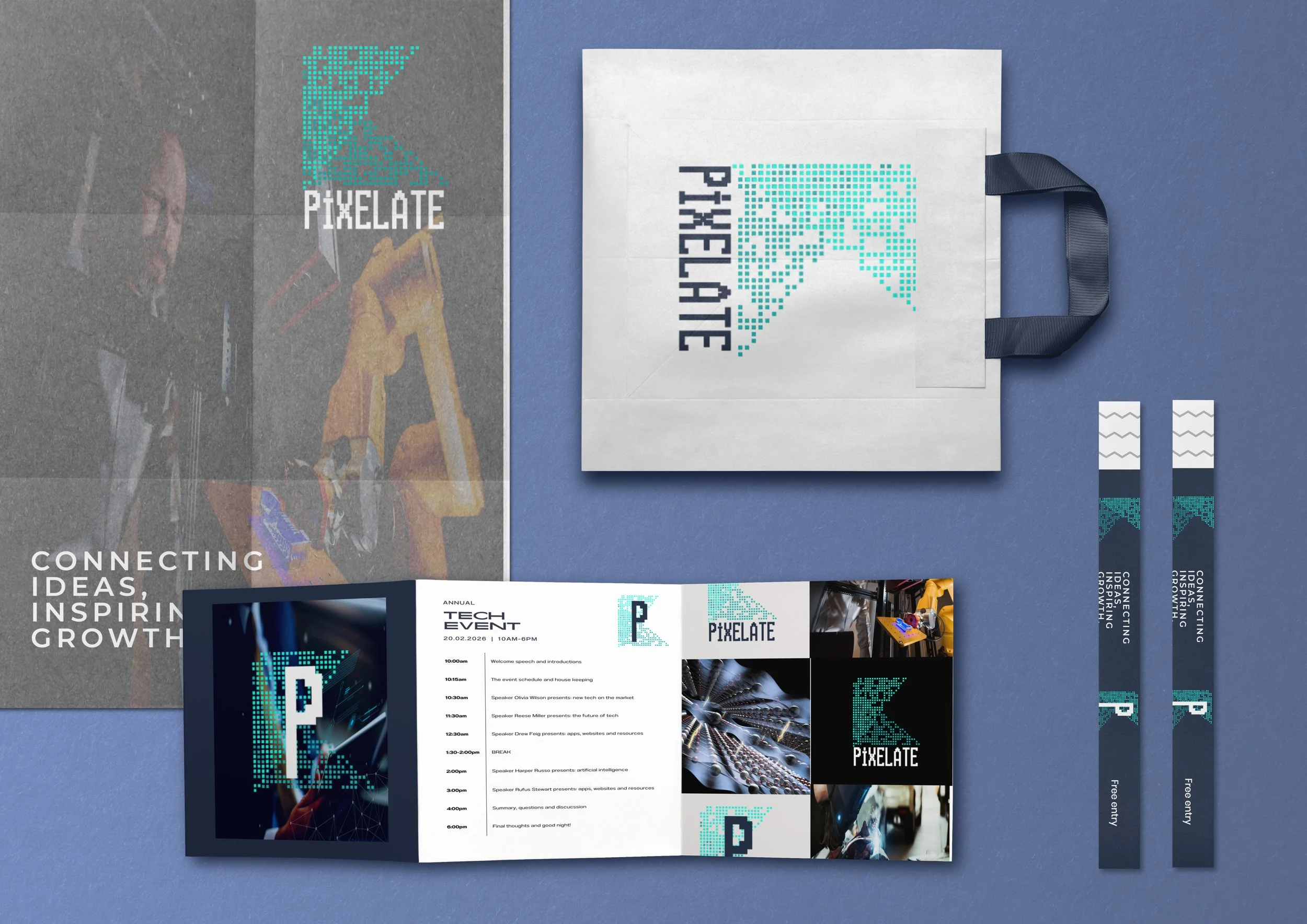 Pixelate branding materials including a tote bag with the Pixelate logo, a brochure for a tech event, two wristbands, and a poster, all featuring the Pixelate logo with a pixelated design.
