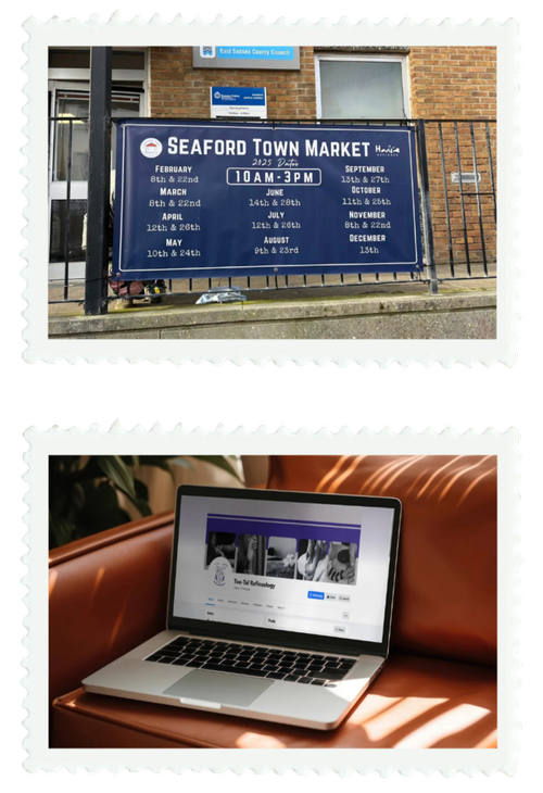 A blue sign advertising the Seaford Town Market with dates listed for each month, attached to a metal fence outside a brick building.