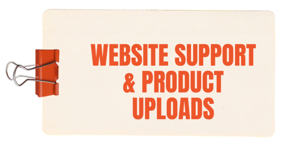 A white document labeled 'Website Support & Product Uploads' clipped with a red binder clip.