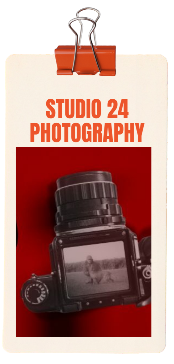 A sign for 'Studio 24 Photography' with a photo of a camera and a person with a dog on the camera's display.