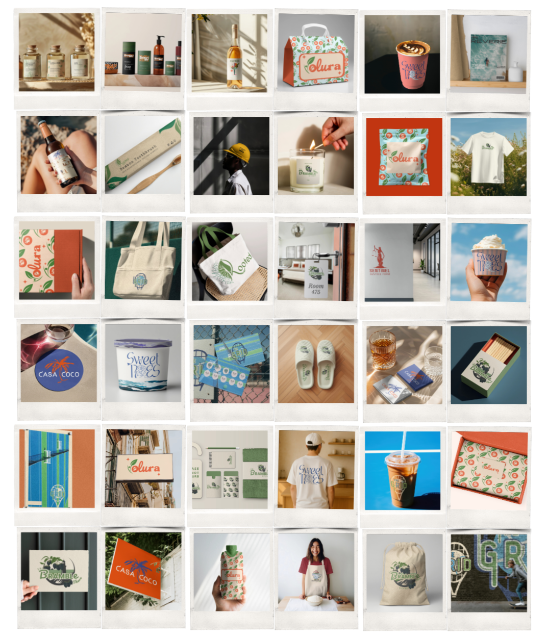 A collage of various products and packaging, including bottles, candles, tote bags, branded stationery, apparel, food and beverage items, and promotional materials, many featuring the 'Olura' and 'Sweet Ties' logos.