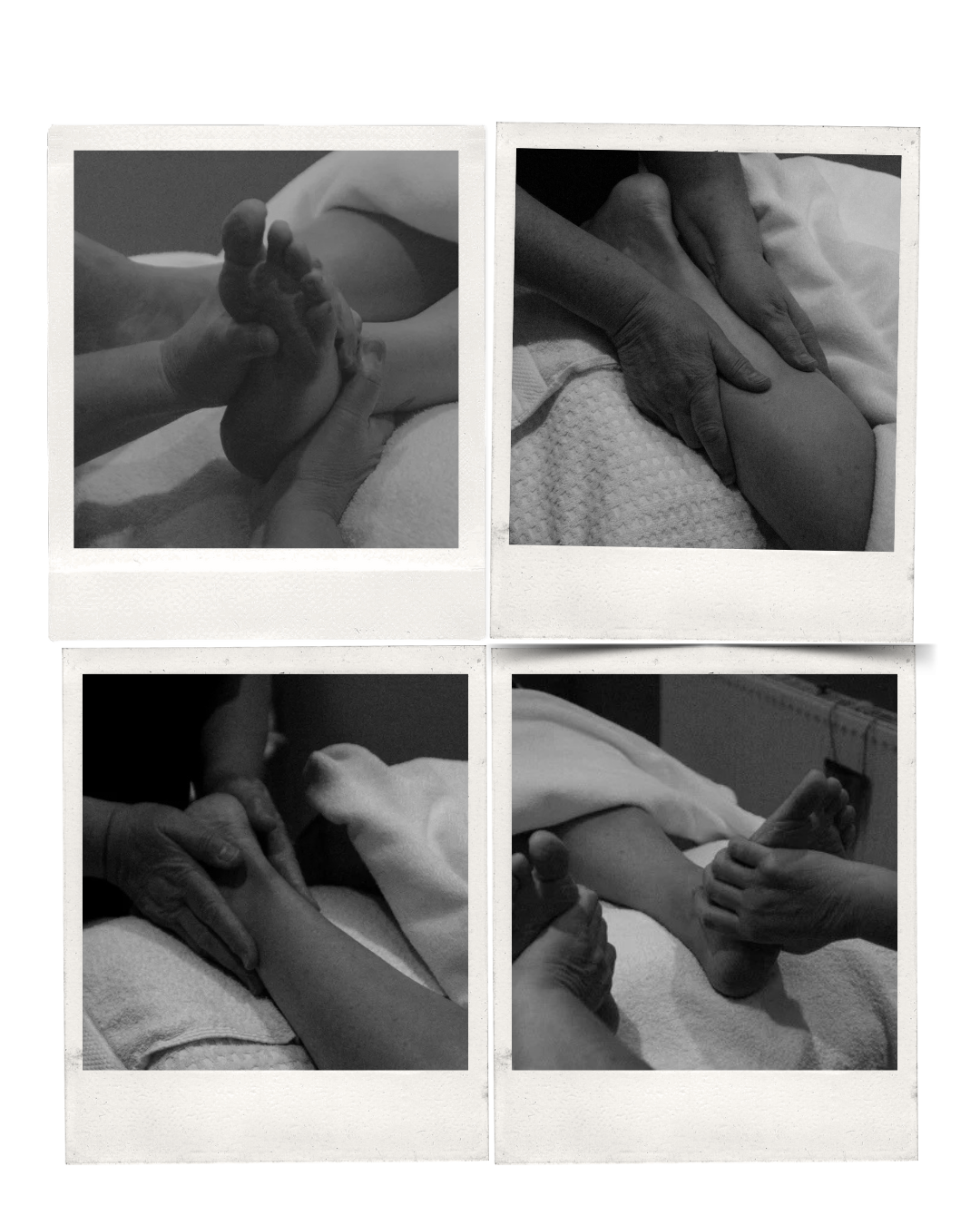 Black and white collage of four images showing different close-up shots of hands massaging or holding feet and legs.
