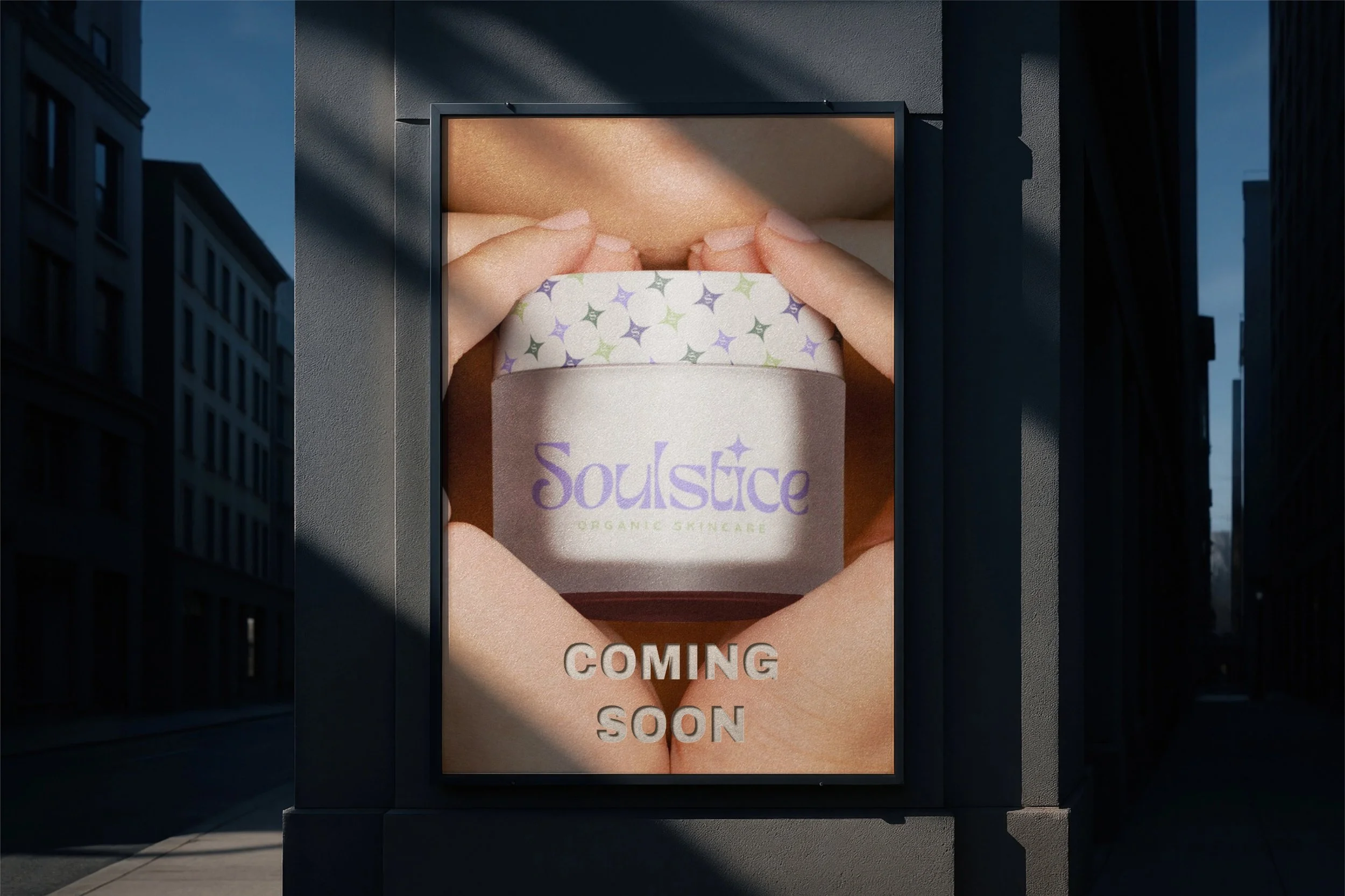 Billboard advertising organic skincare product called Soulsice with a photo of hands holding a jar and the text 'Coming Soon' below.