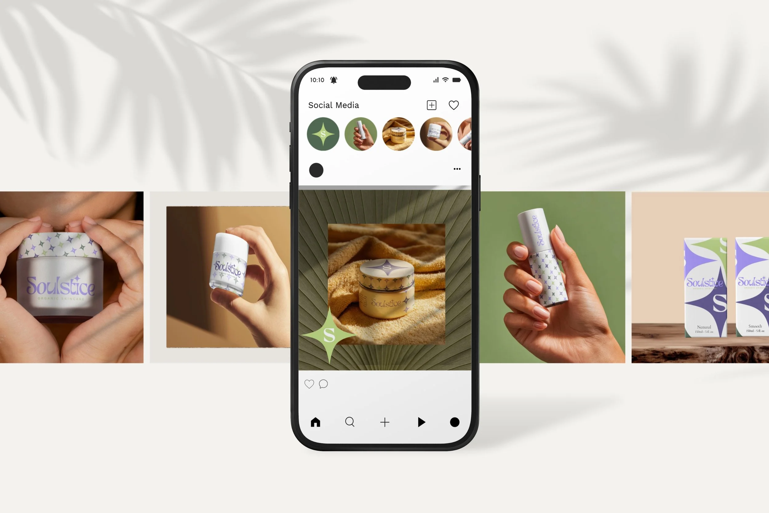 A smartphone displaying an Instagram story of skincare products, with additional product images in the background on a neutral surface.