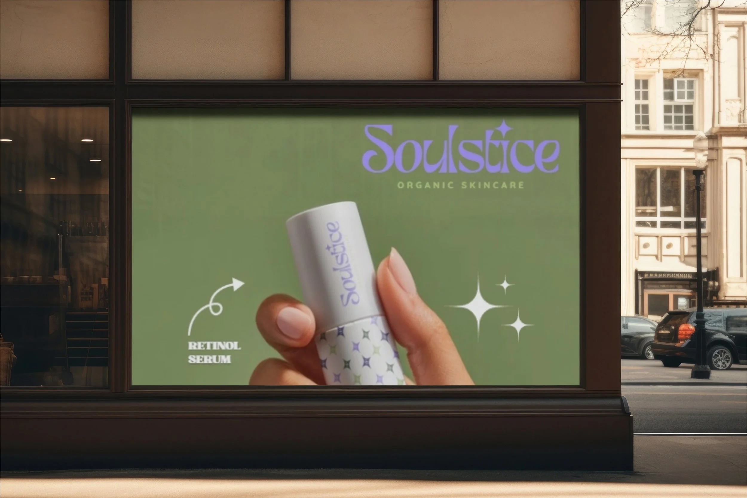 Advertisement for Soulstice Organic Skincare featuring a hand holding a white skincare product with the label 'Soulstice' and the text 'Retinol Serum' pointing to it; the background is green with the Soulstice logo and sparkles.