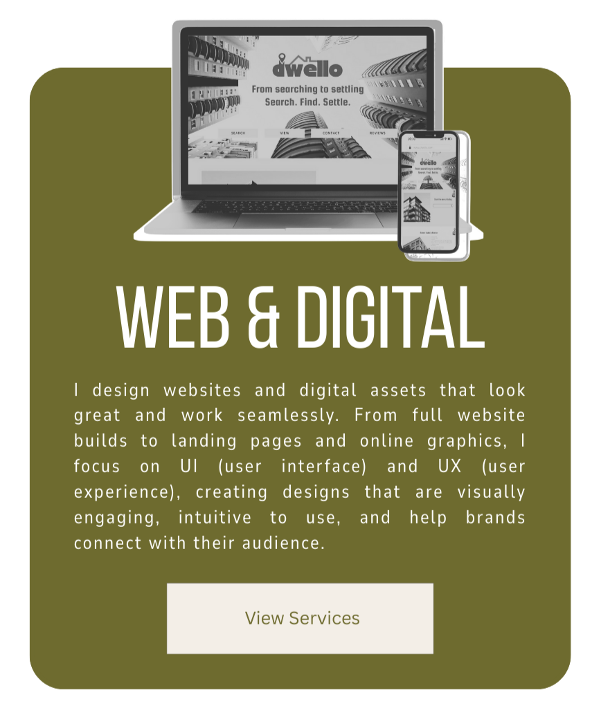 A website homepage for 'Dwello' showcasing web and digital asset design services, with a laptop and smartphone displaying the site, and a 'View Services' button.
