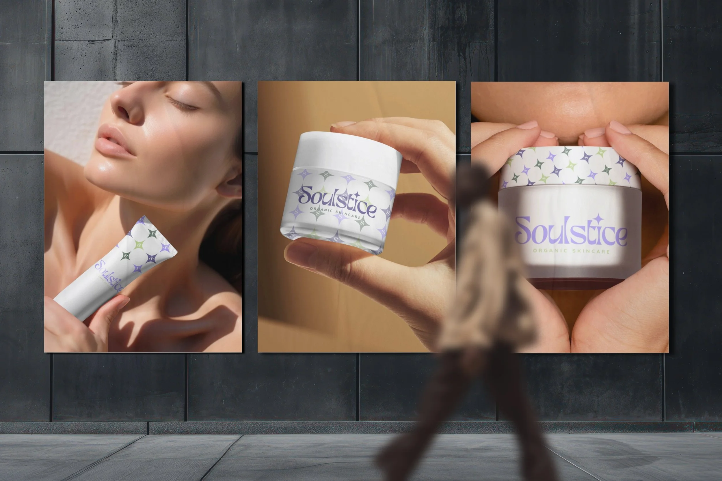 Three images of a skincare product called Soulstice, showing a woman applying it, close-up of the product container, and the product label.