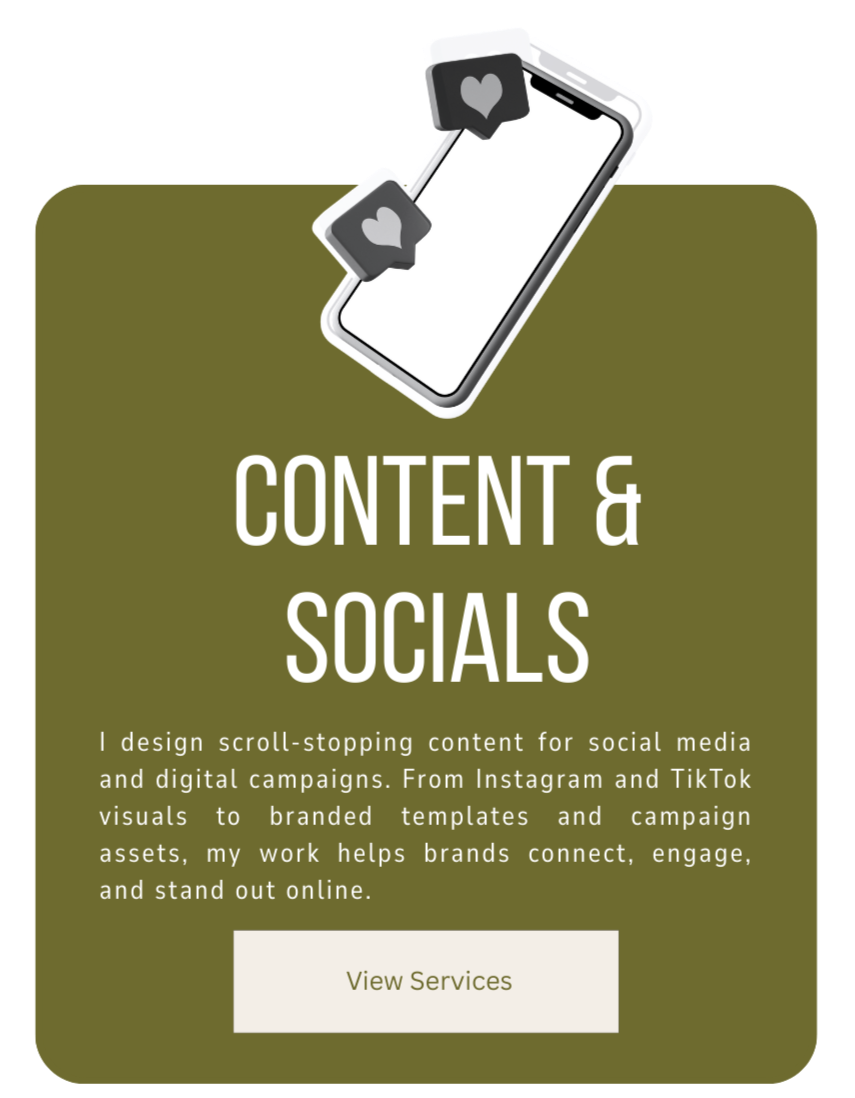 Graphic design promoting content and social media services, featuring a smartphone with social media notification icons and text describing content creation for social media campaigns.