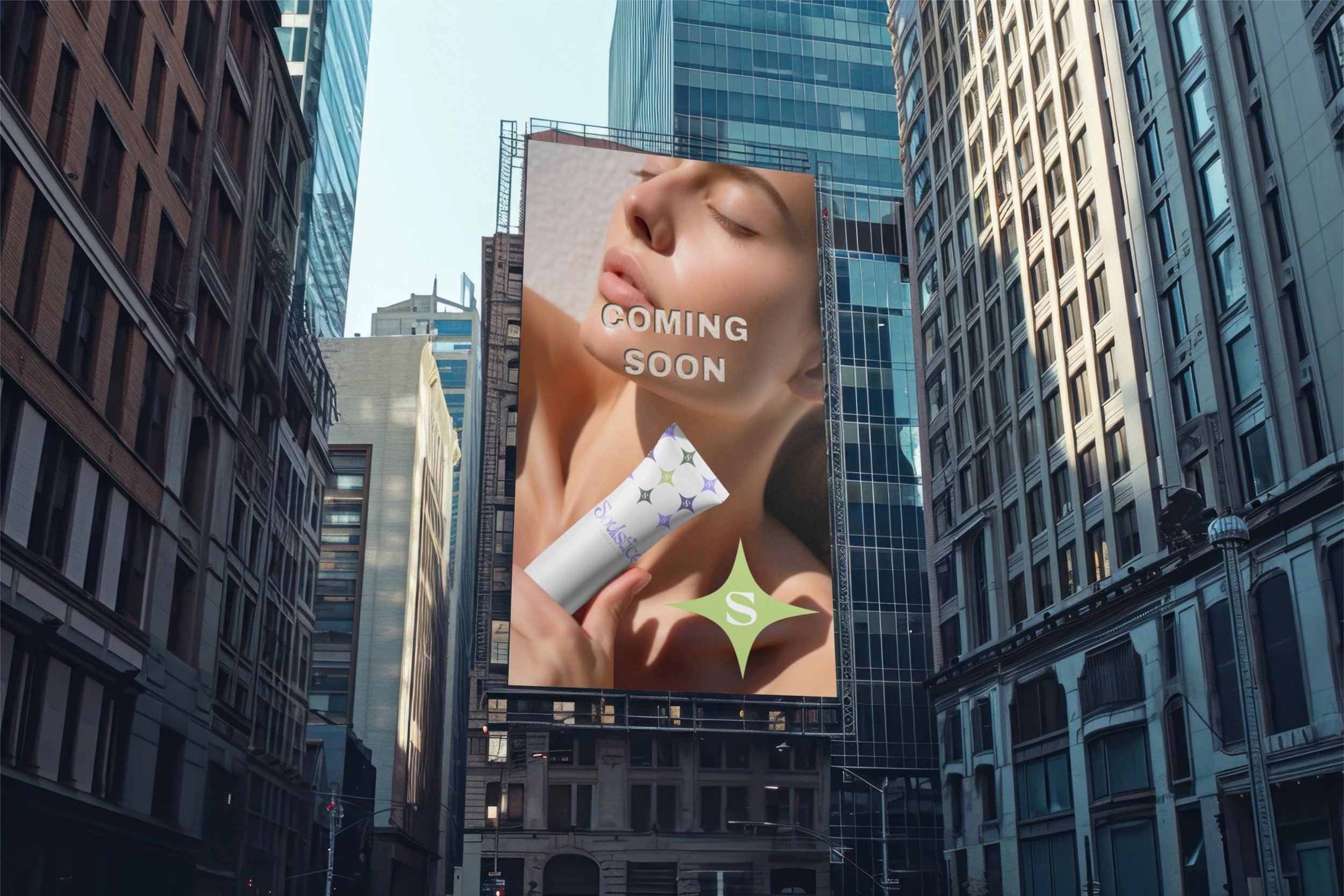 Large billboard in cityscape displaying a close-up of a woman with closed eyes and parted lips, holding a beauty product tube, with the text 'COMING SOON' over her face.