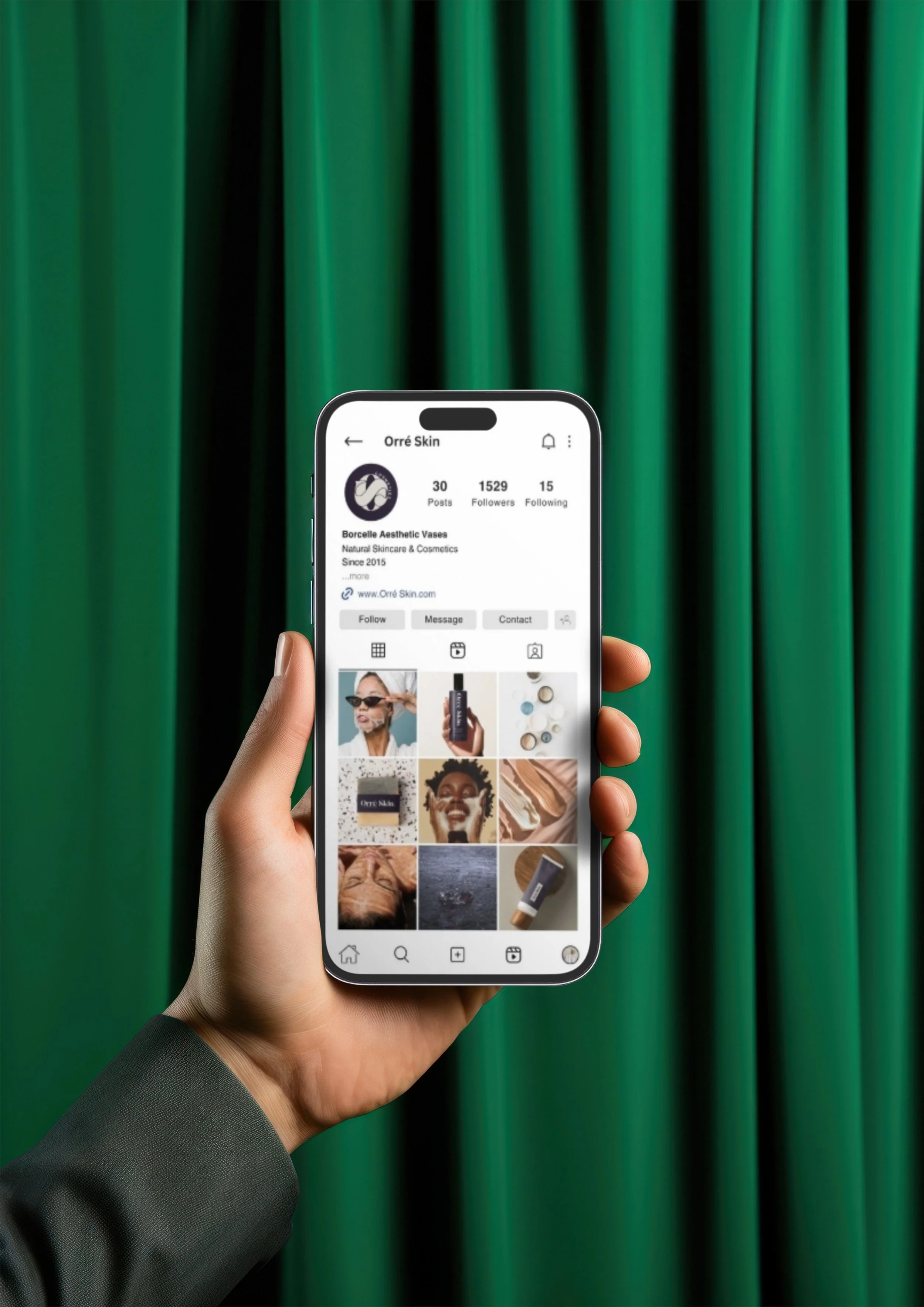 A person holding a smartphone displaying the Instagram profile of 'Orré Skin,' a skincare and cosmetics brand, in front of a green curtain background.