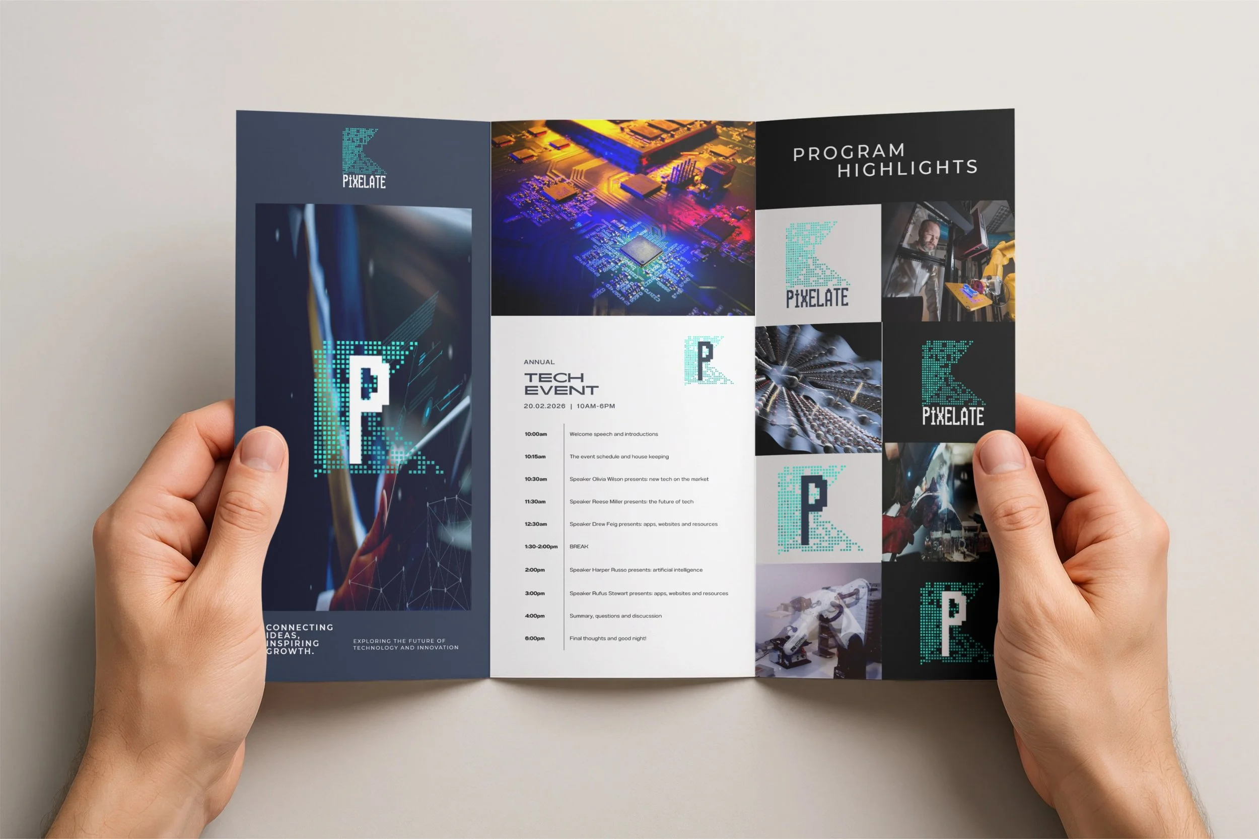A person holding a three-panel brochure for a tech event, featuring images of a microchip, circuit boards, and robotic components, with the event schedule and the Pixelate logo.