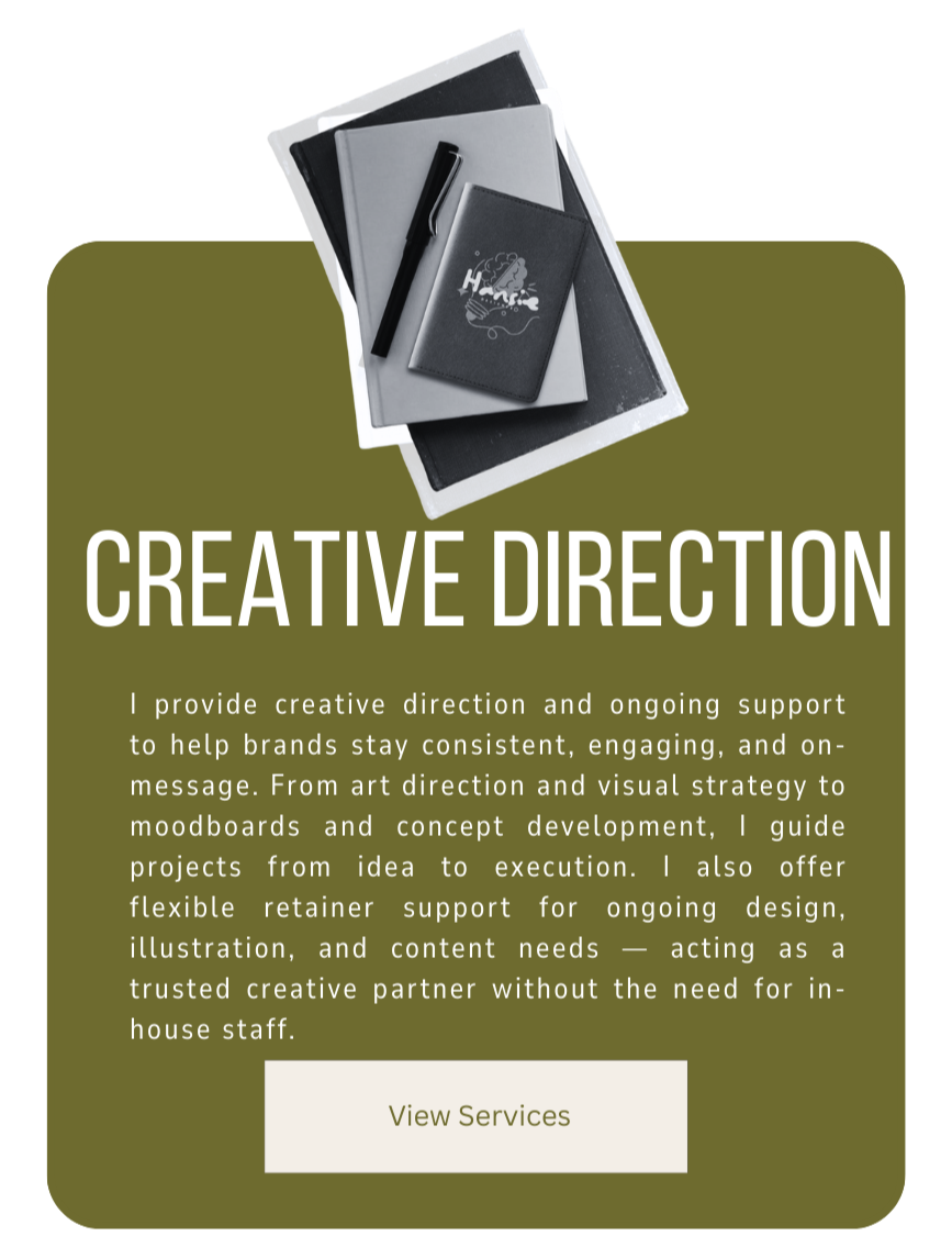 Business card, notebooks, and pen on a table, with a green background and the words 'Creative Direction' and a description of creative direction services.